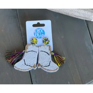 Mardi Gras Seed Beaded Boot Earrings with Tassels.