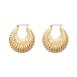 Mid Sized 1" Hoop Earrings Vintage 14k Yellow Gold Puffed Shell Design Jewelry