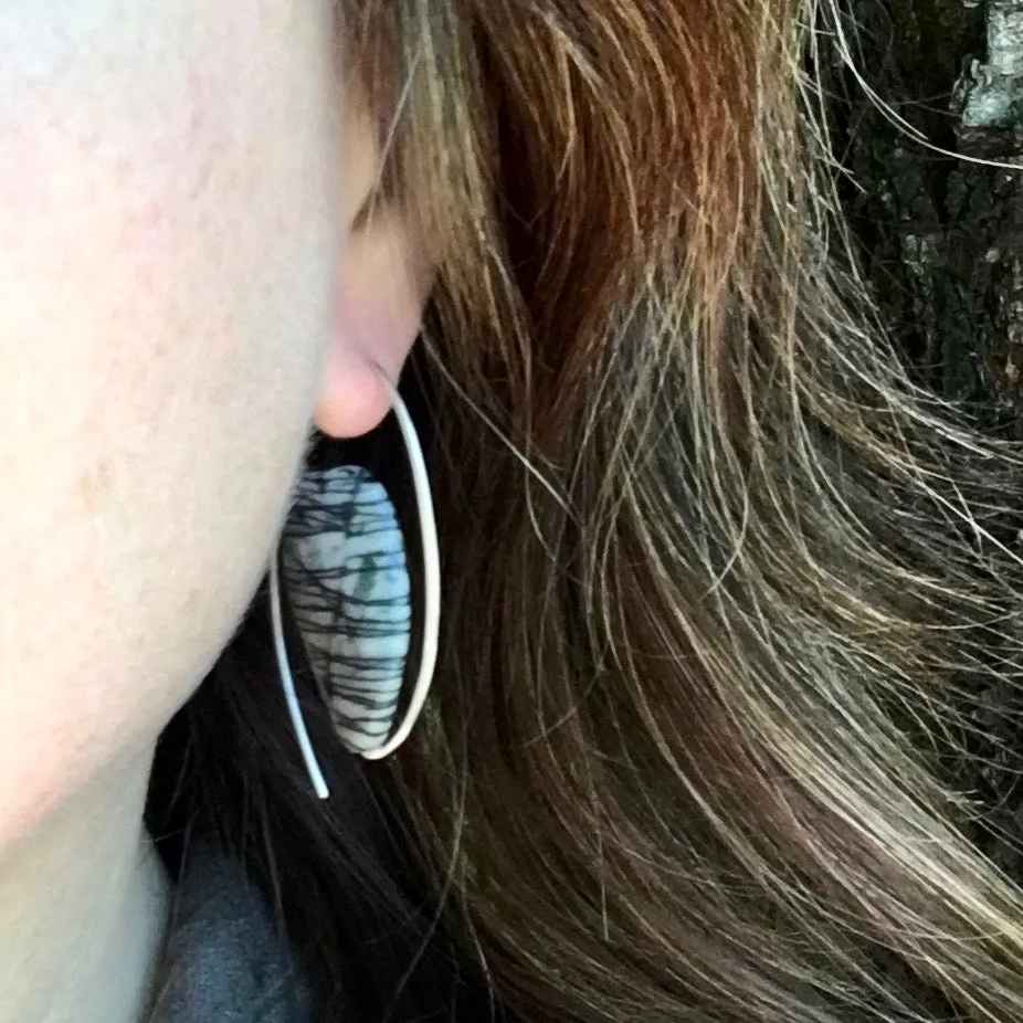 Minimalist Oval Natural Spiderweb Jasper Healing Stone Earrings, Handmade with Sterling Silver