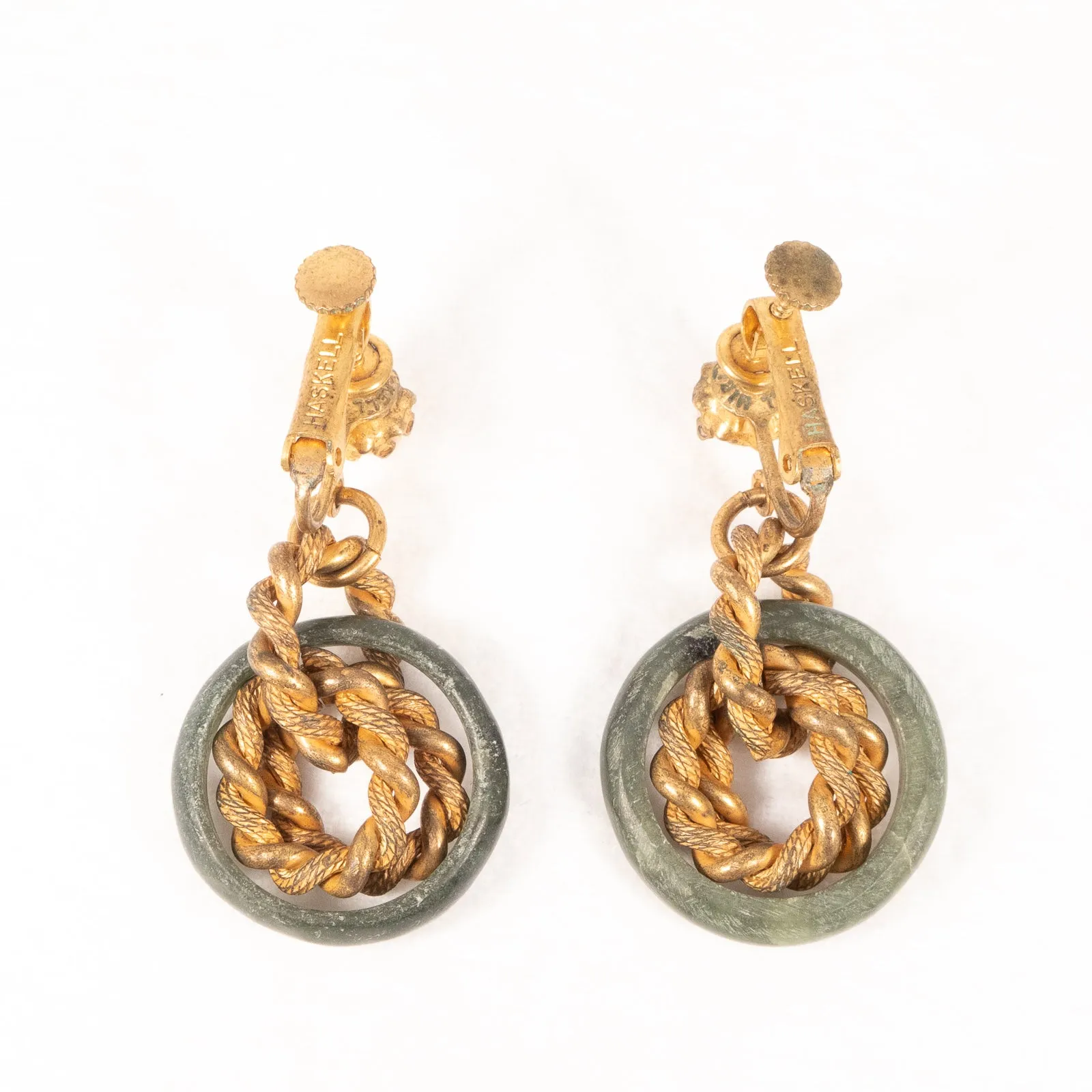 Miriam Haskell Green Stone Chain Link Dangle Earrings