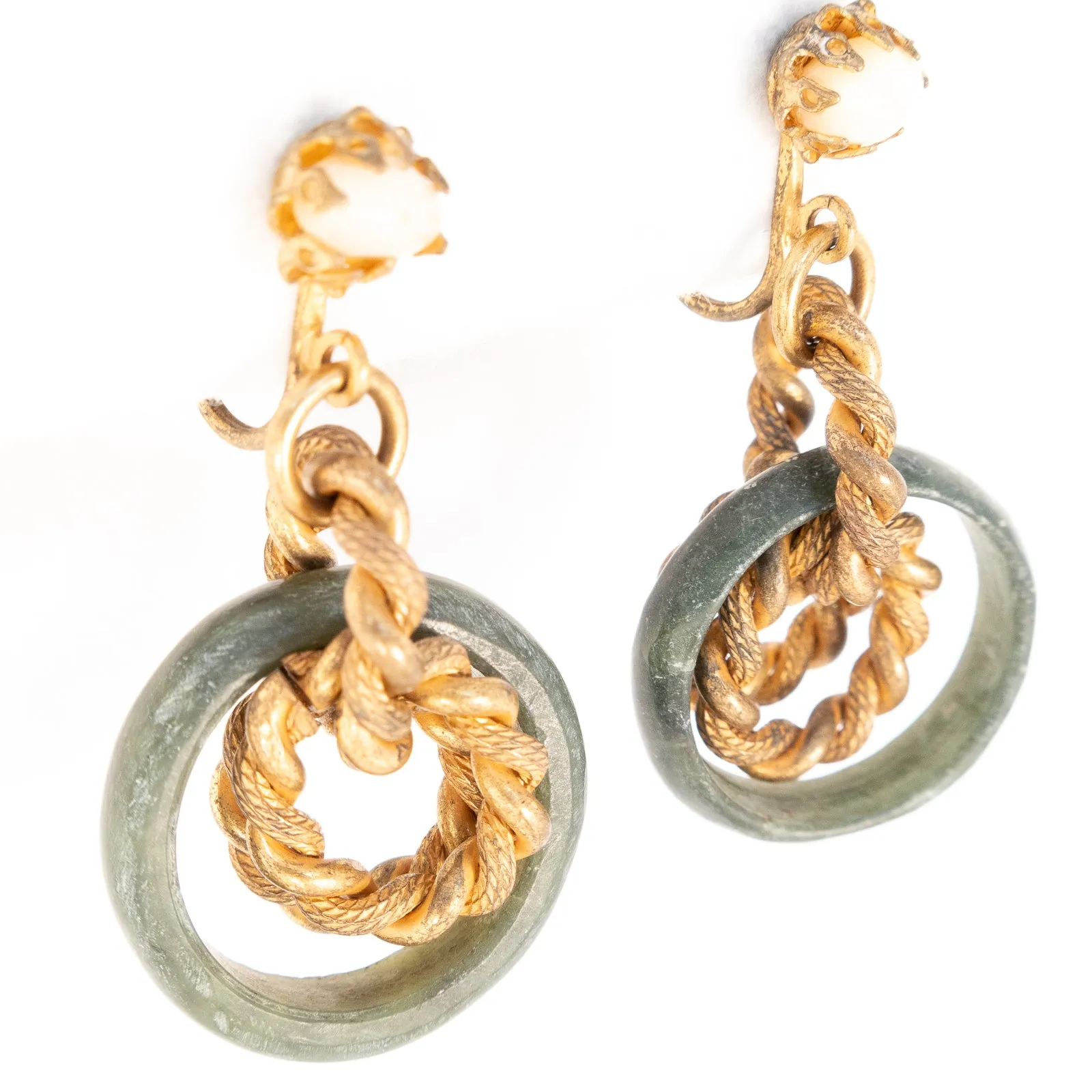 Miriam Haskell Green Stone Chain Link Dangle Earrings