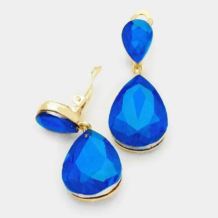 Miro Blue Crystal Teardrop Gold Clip-On Earrings