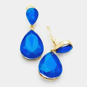 Miro Blue Crystal Teardrop Gold Clip-On Earrings