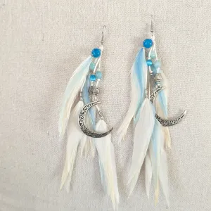 Moon White Blue Feather Earrings