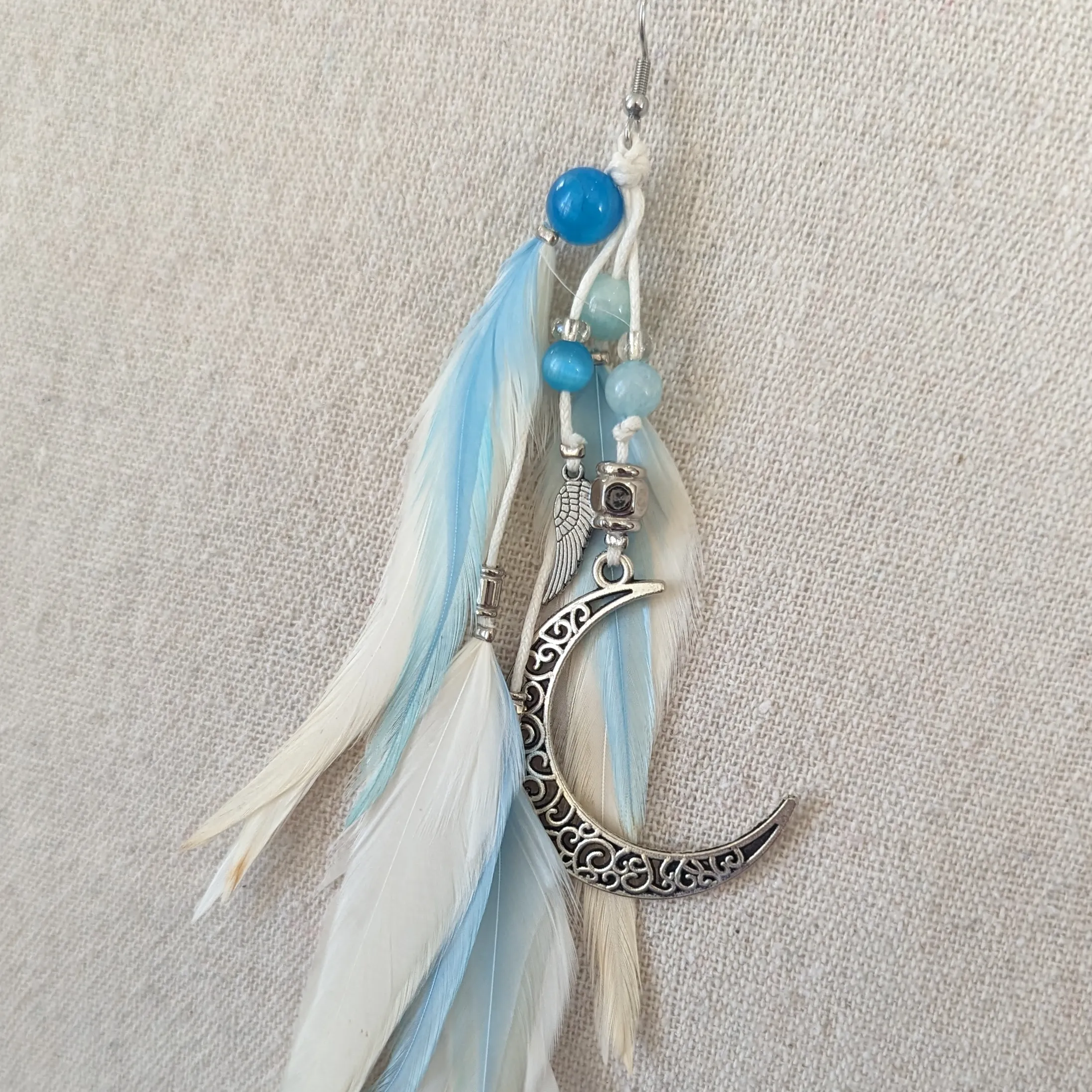 Moon White Blue Feather Earrings