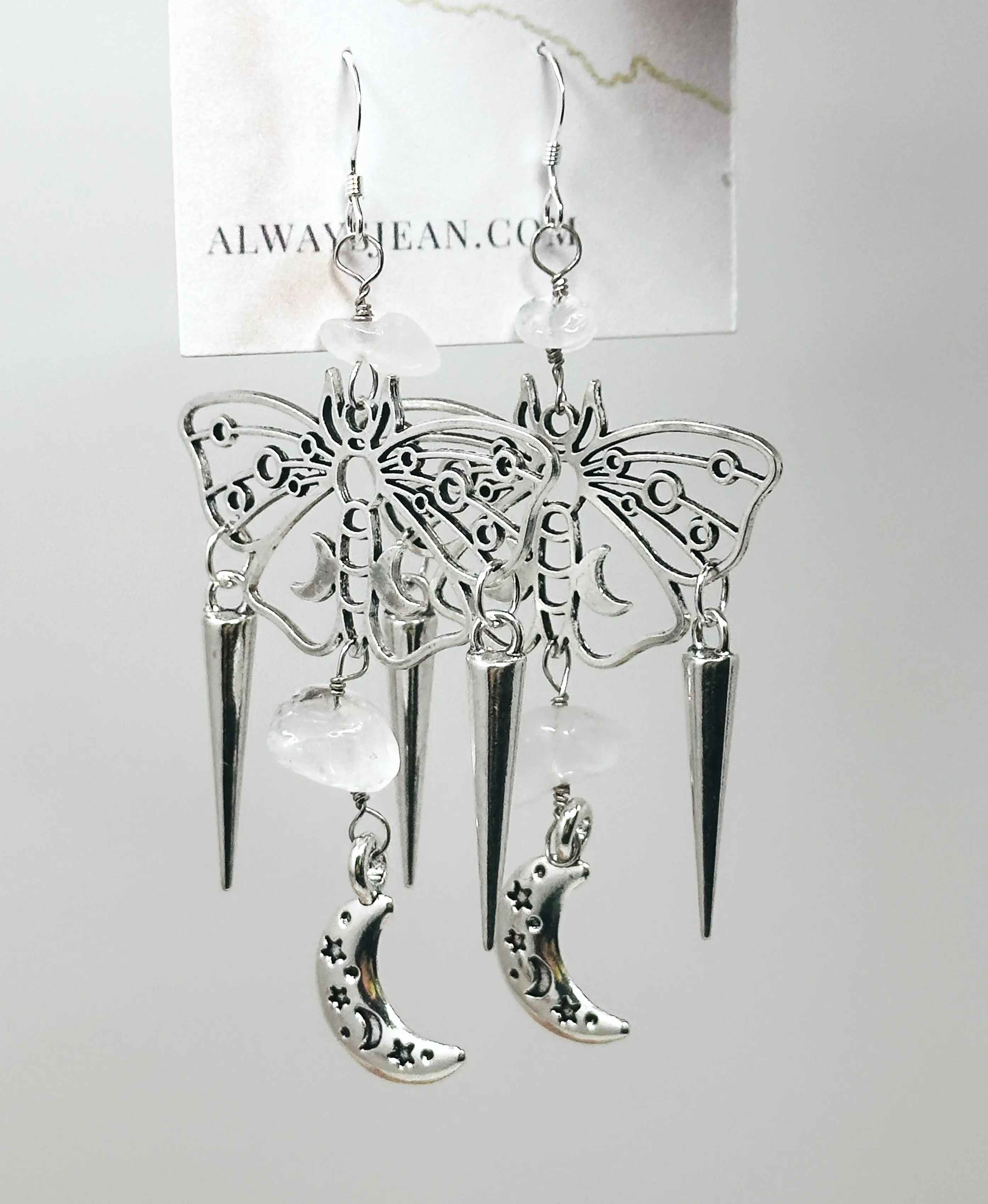 Moth and Moon Quartz and Spike Earring Dangles-Silver, Sterling Silver Hooks.