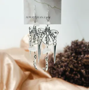 Moth and Moon Quartz and Spike Earring Dangles-Silver, Sterling Silver Hooks.