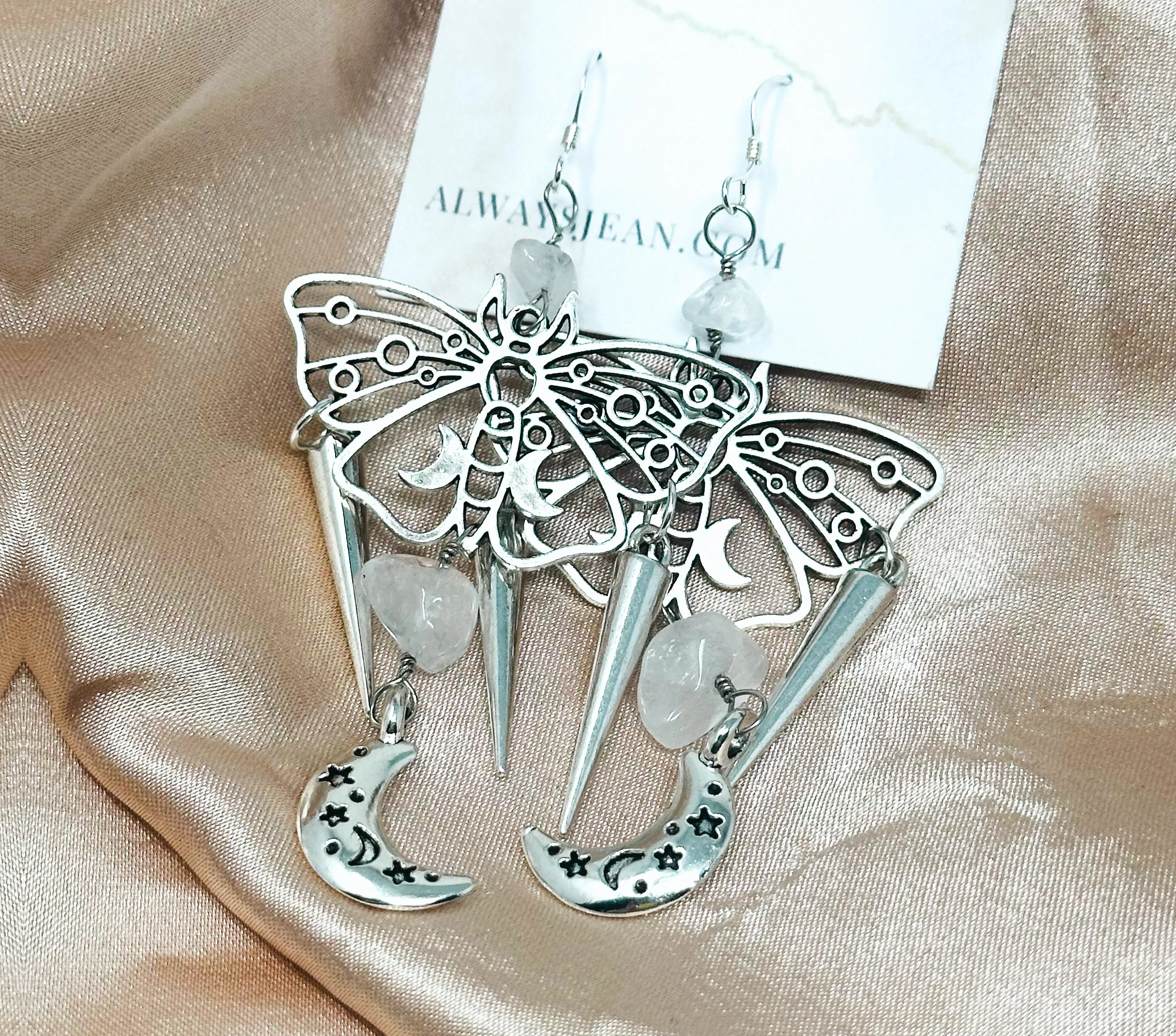 Moth and Moon Quartz and Spike Earring Dangles-Silver, Sterling Silver Hooks.