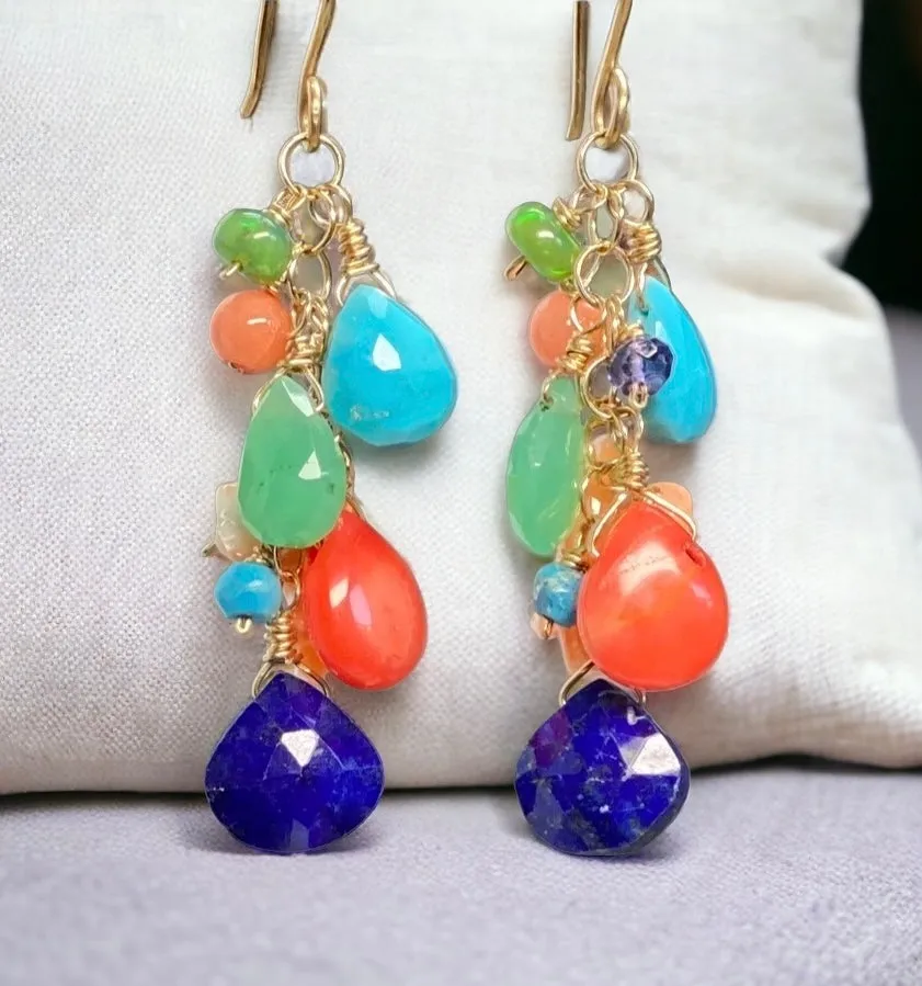 Multi Gemstone Gold Dangle Earrings Coral Blue Lapis Turquoise