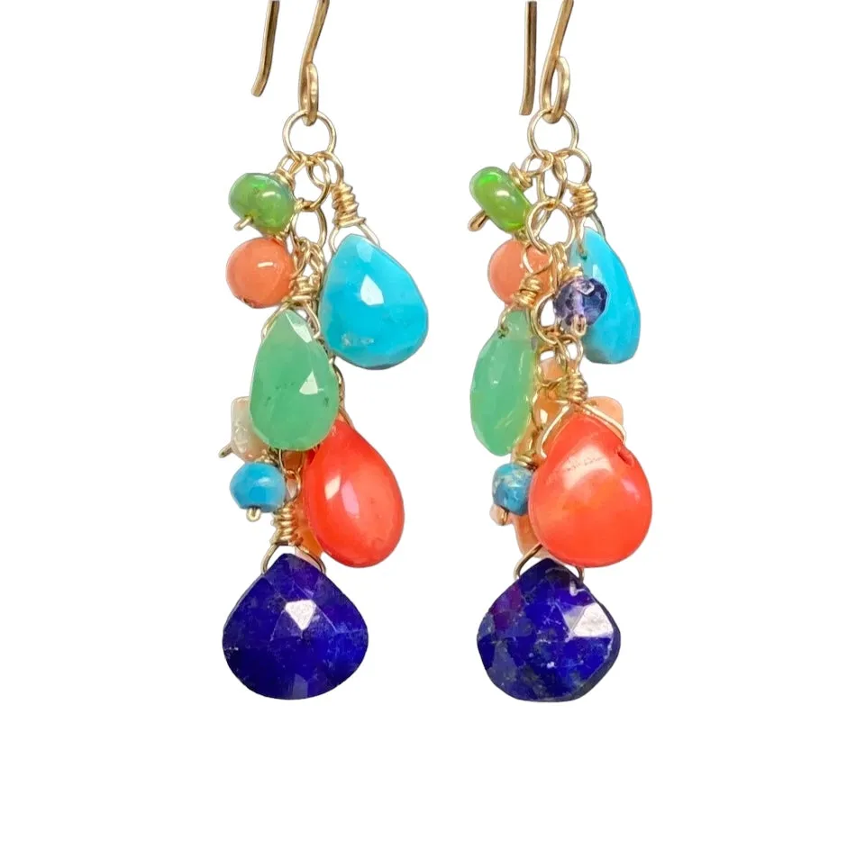 Multi Gemstone Gold Dangle Earrings Coral Blue Lapis Turquoise
