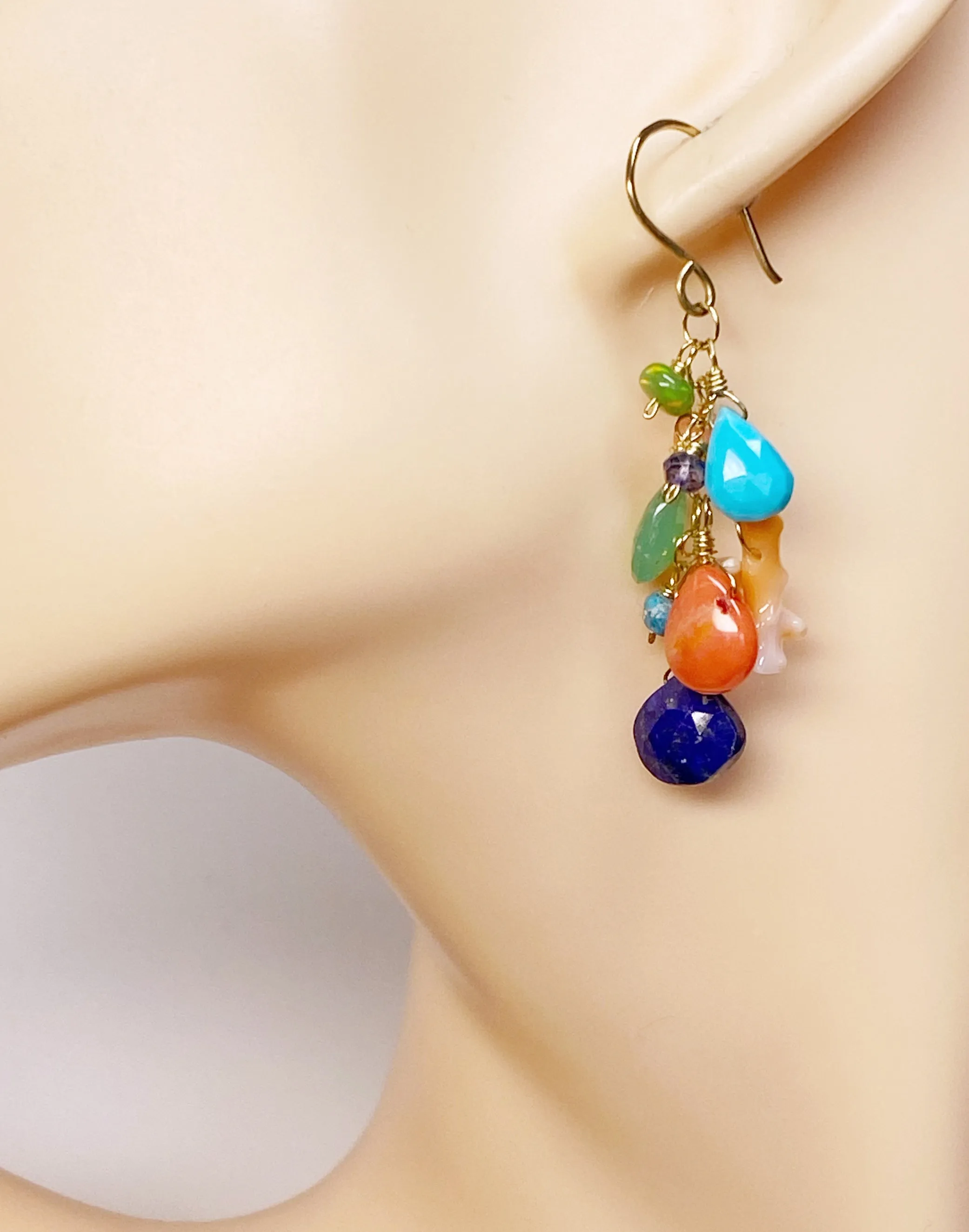 Multi Gemstone Gold Dangle Earrings Coral Blue Lapis Turquoise