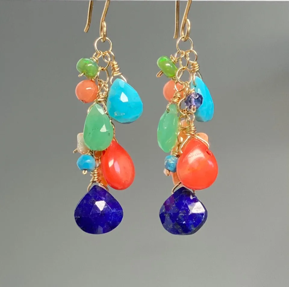 Multi Gemstone Gold Dangle Earrings Coral Blue Lapis Turquoise