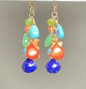 Multi Gemstone Gold Dangle Earrings Coral Blue Lapis Turquoise