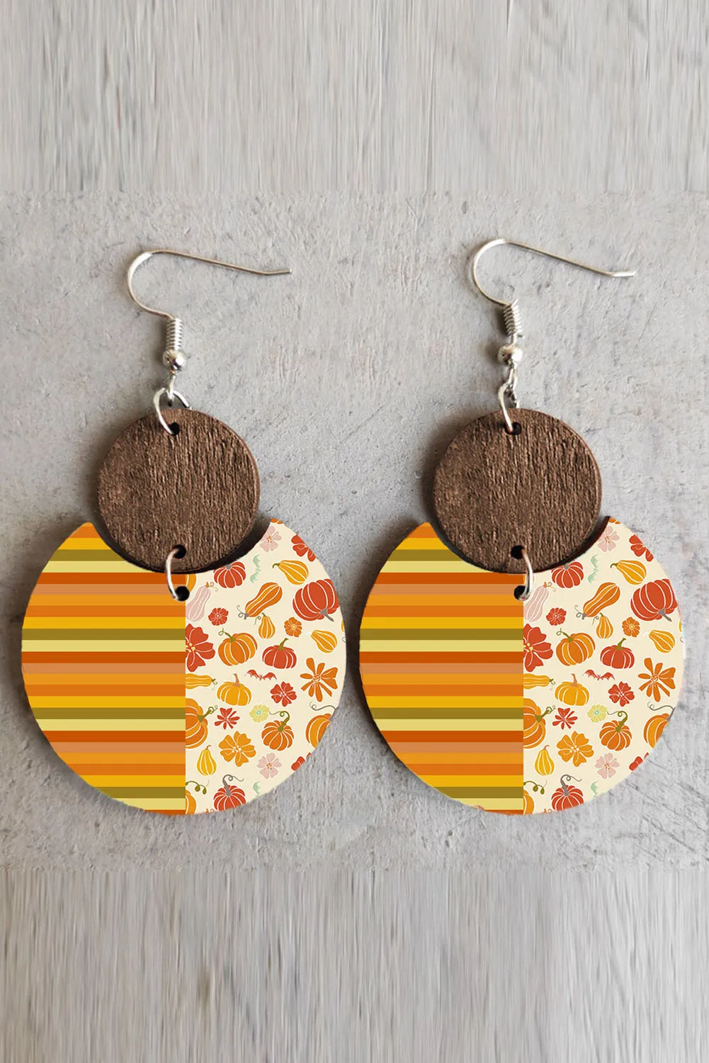 Multicolor Rainbow Stripe Pattern Notch Round Wooden Pendant Earrings