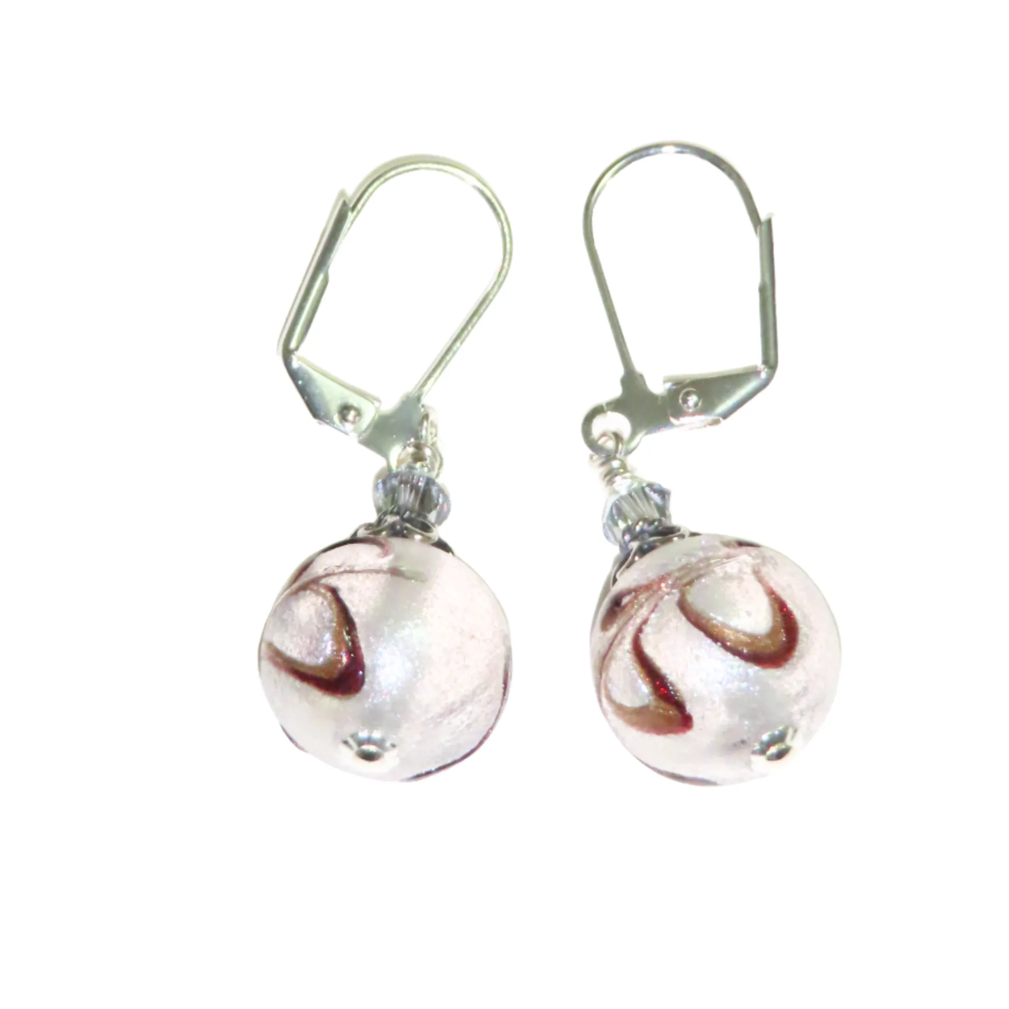 Murano Glass Feather Ball Silver Earrings