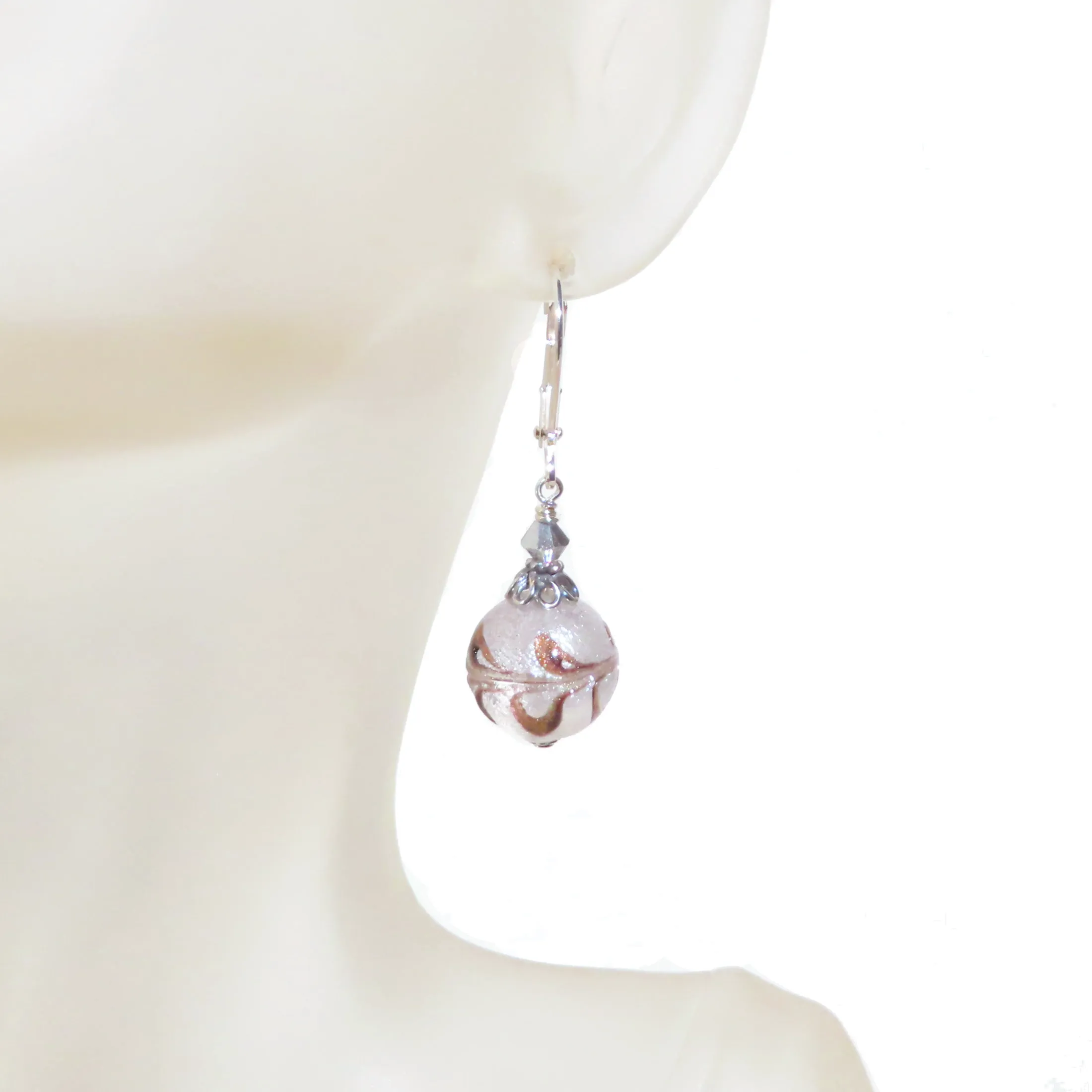 Murano Glass Feather Ball Silver Earrings