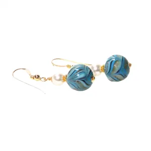 Murano Glass Turquoise Feather Ball Gold Earrings