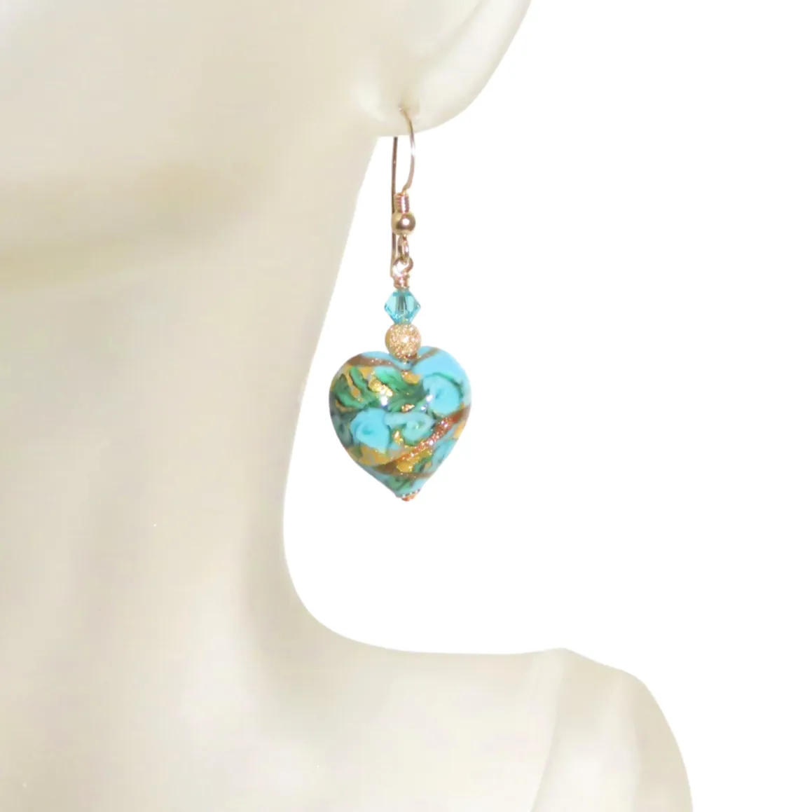 Murano Glass Turquoise Rose Heart Gold Earrings - Artisan Gold Earrings
