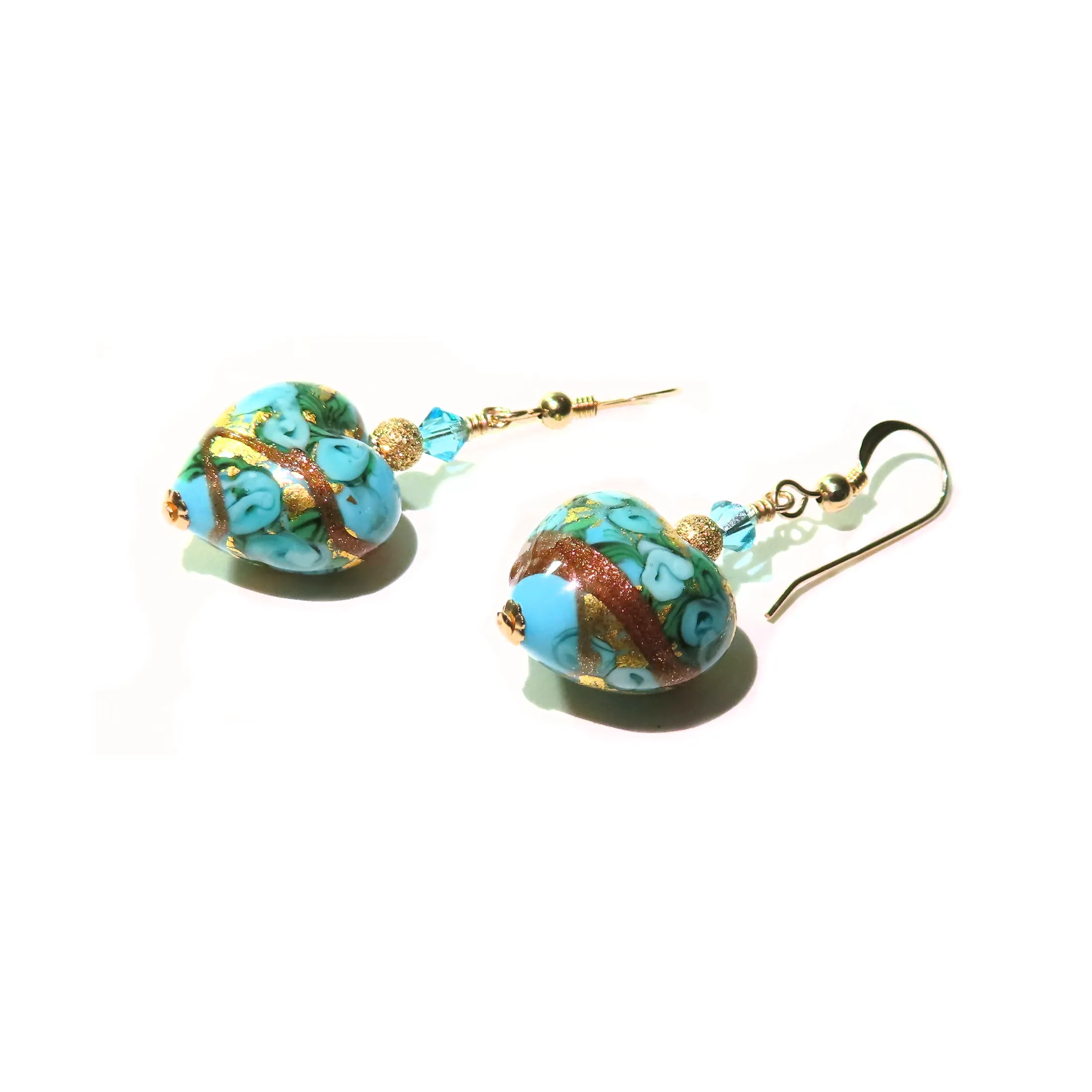 Murano Glass Turquoise Rose Heart Gold Earrings - Artisan Gold Earrings