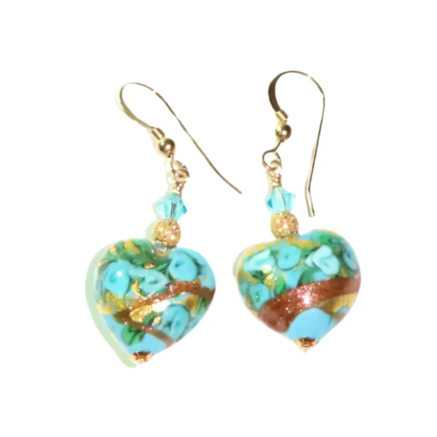 Murano Glass Turquoise Rose Heart Gold Earrings - Artisan Gold Earrings