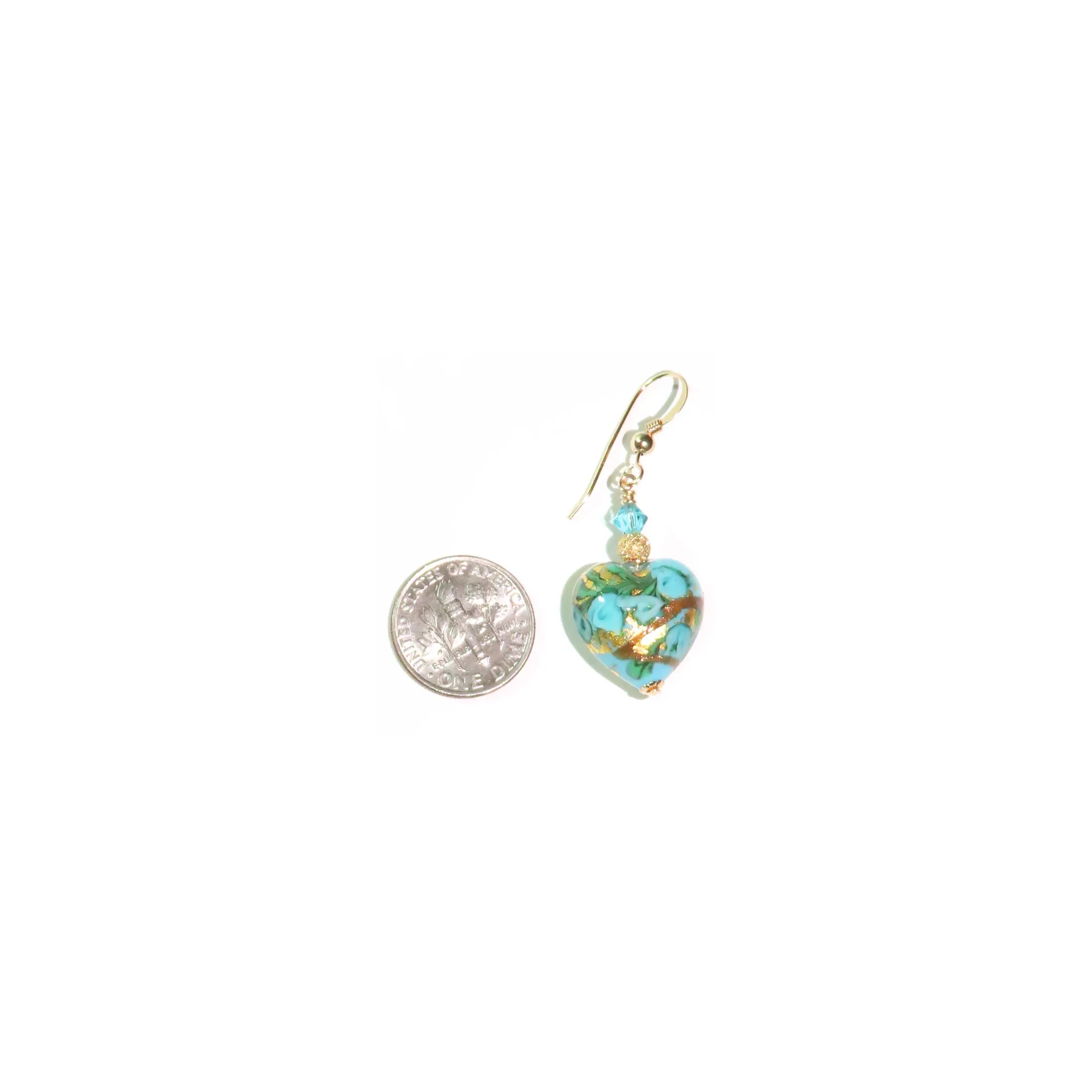 Murano Glass Turquoise Rose Heart Gold Earrings - Artisan Gold Earrings