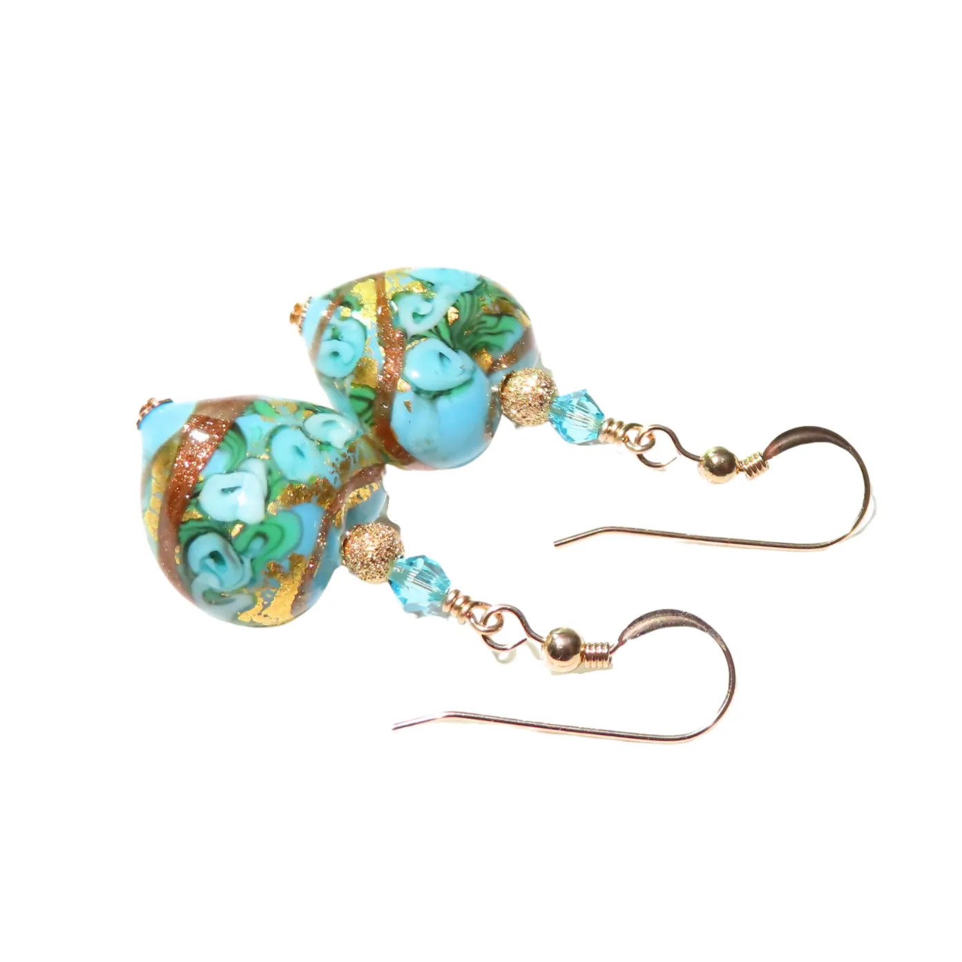 Murano Glass Turquoise Rose Heart Gold Earrings - Artisan Gold Earrings
