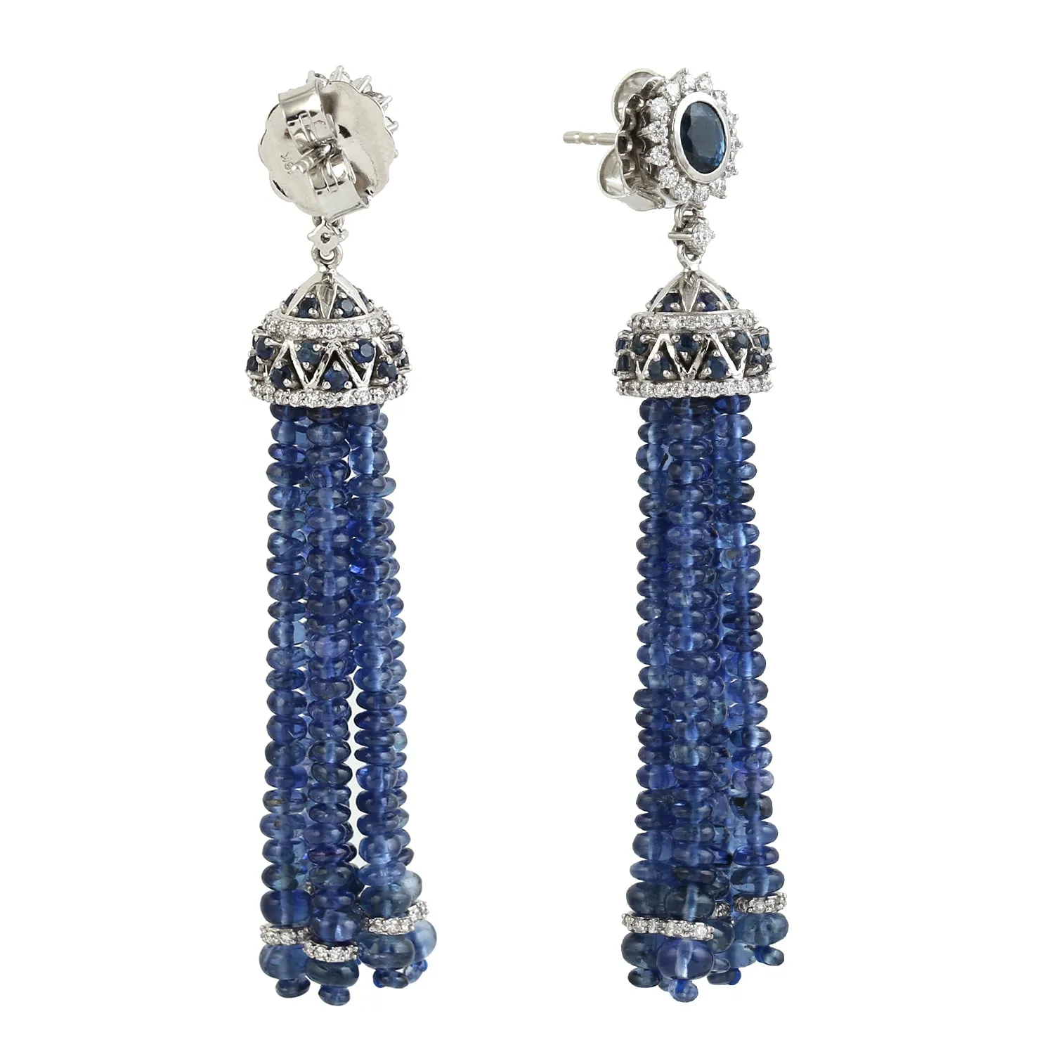 Natural Blue Sapphire Beads Pave Dianmmond Tassel Earrings In 18k White Gold For Her