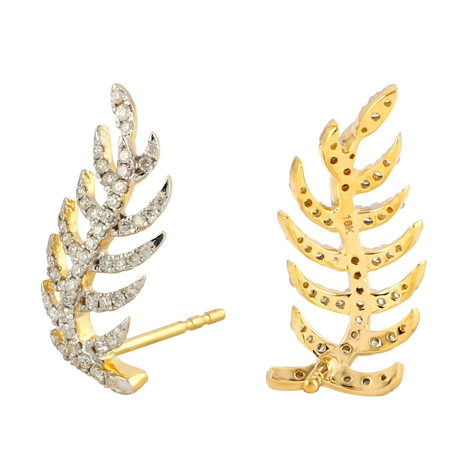 Natural Diamond Micro Pave Feather Design Stud In 18k Yellow Gold For Gift