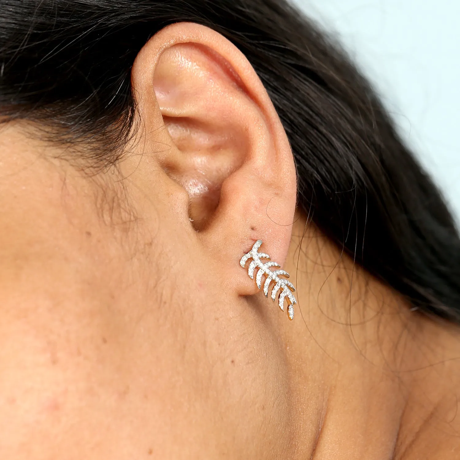 Natural Diamond Micro Pave Feather Design Stud In 18k Yellow Gold For Gift