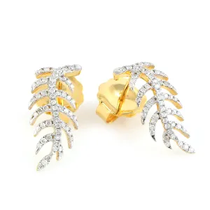 Natural Diamond Micro Pave Feather Design Stud In 18k Yellow Gold For Gift