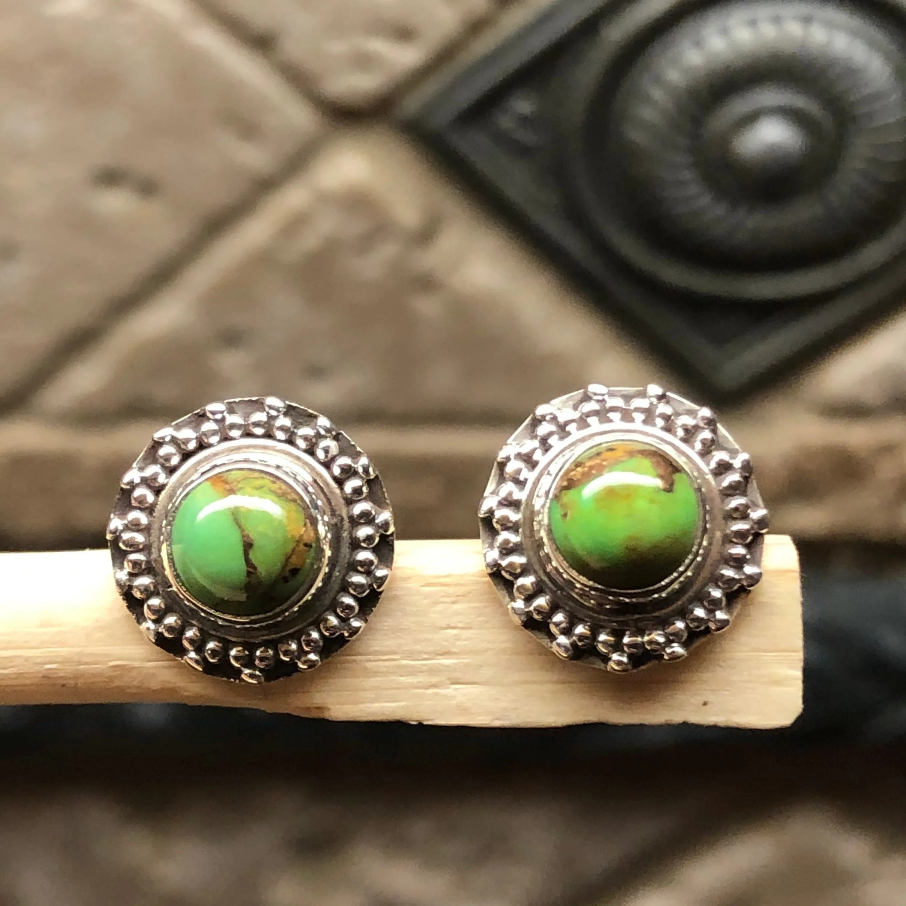 Natural Green Copper Turquoise 925 Solid Sterling Silver Earrings 10mm