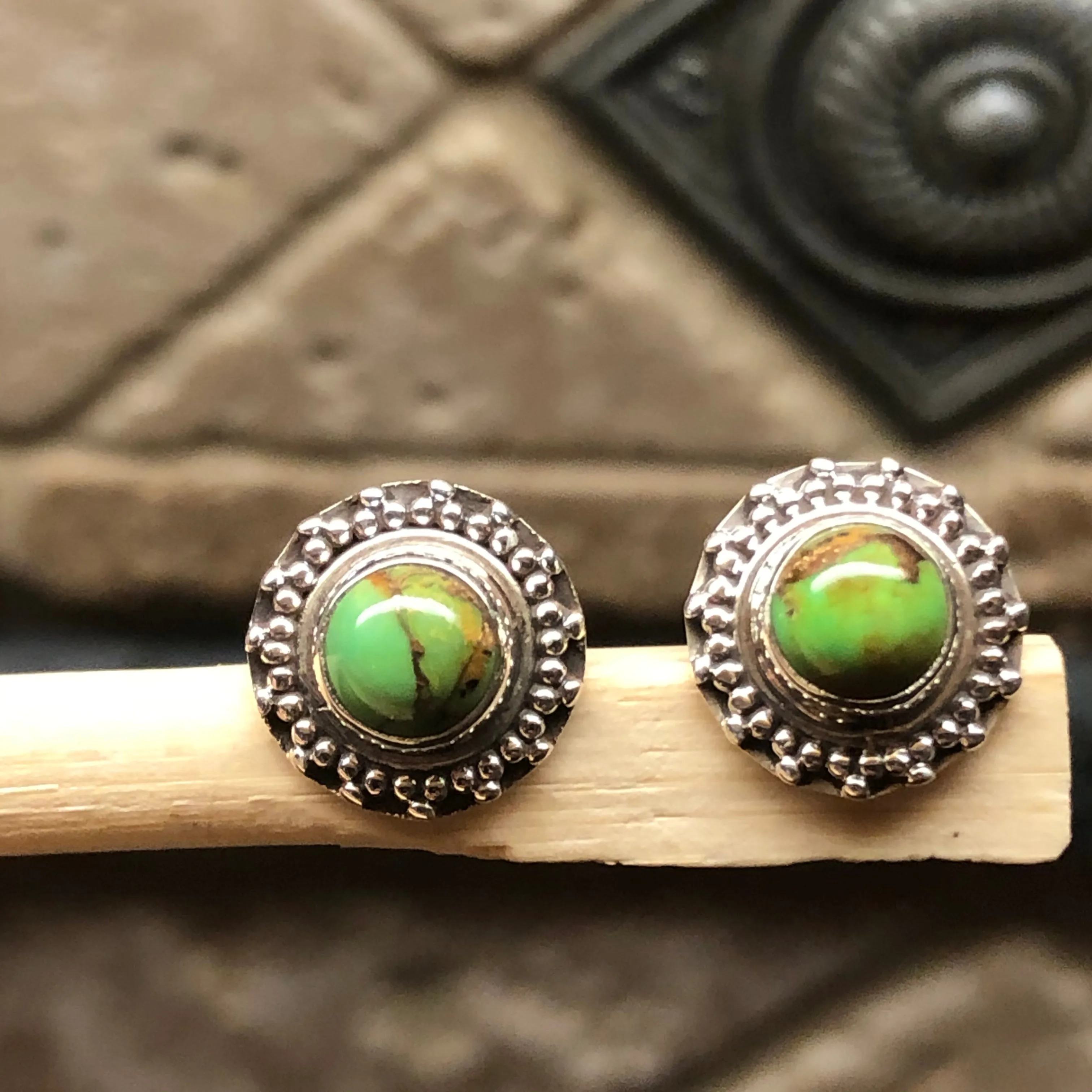 Natural Green Copper Turquoise 925 Solid Sterling Silver Earrings 10mm