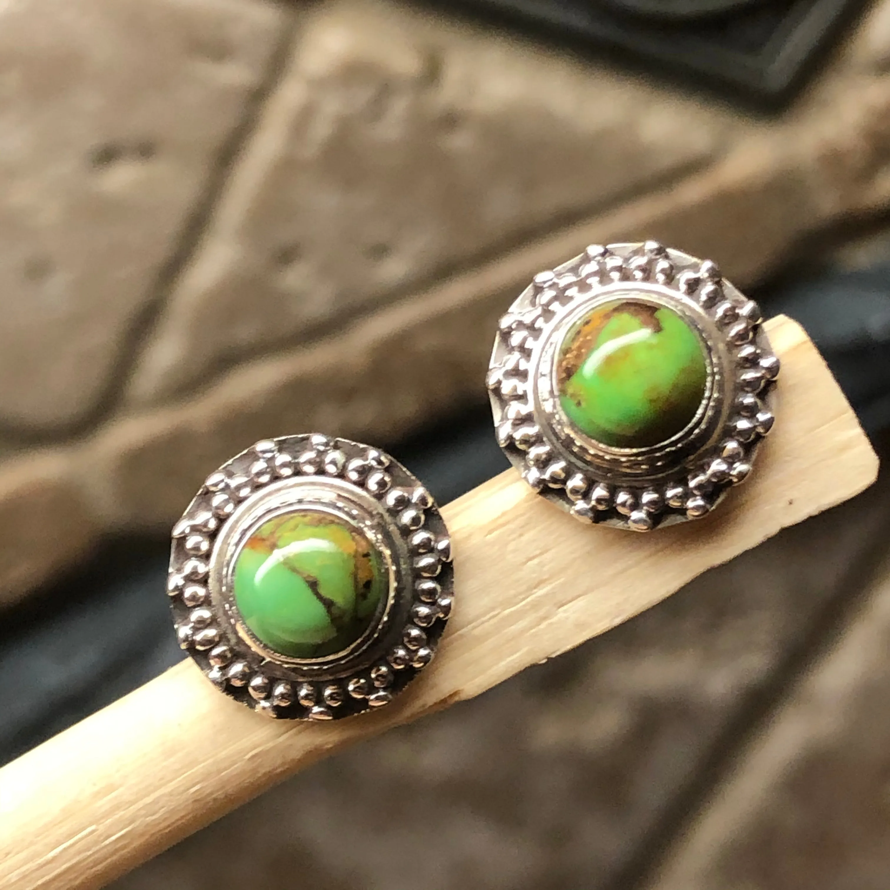 Natural Green Copper Turquoise 925 Solid Sterling Silver Earrings 10mm