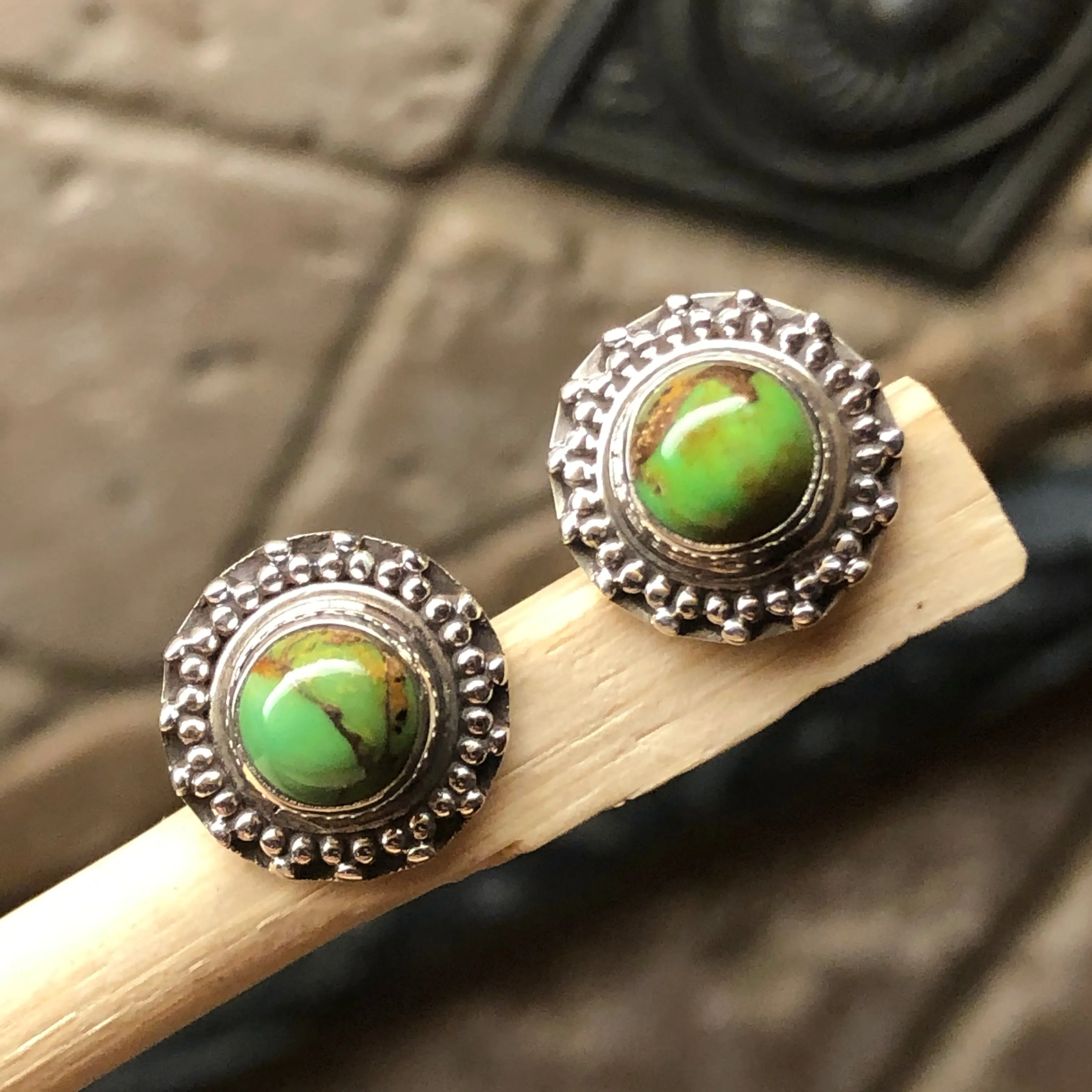 Natural Green Copper Turquoise 925 Solid Sterling Silver Earrings 10mm