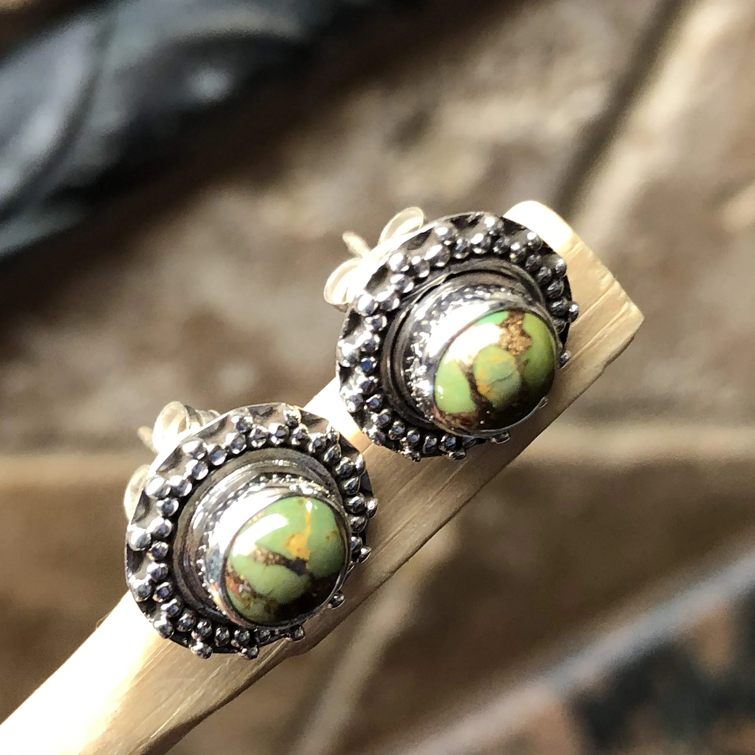 Natural Green Copper Turquoise 925 Solid Sterling Silver Earrings 10mm
