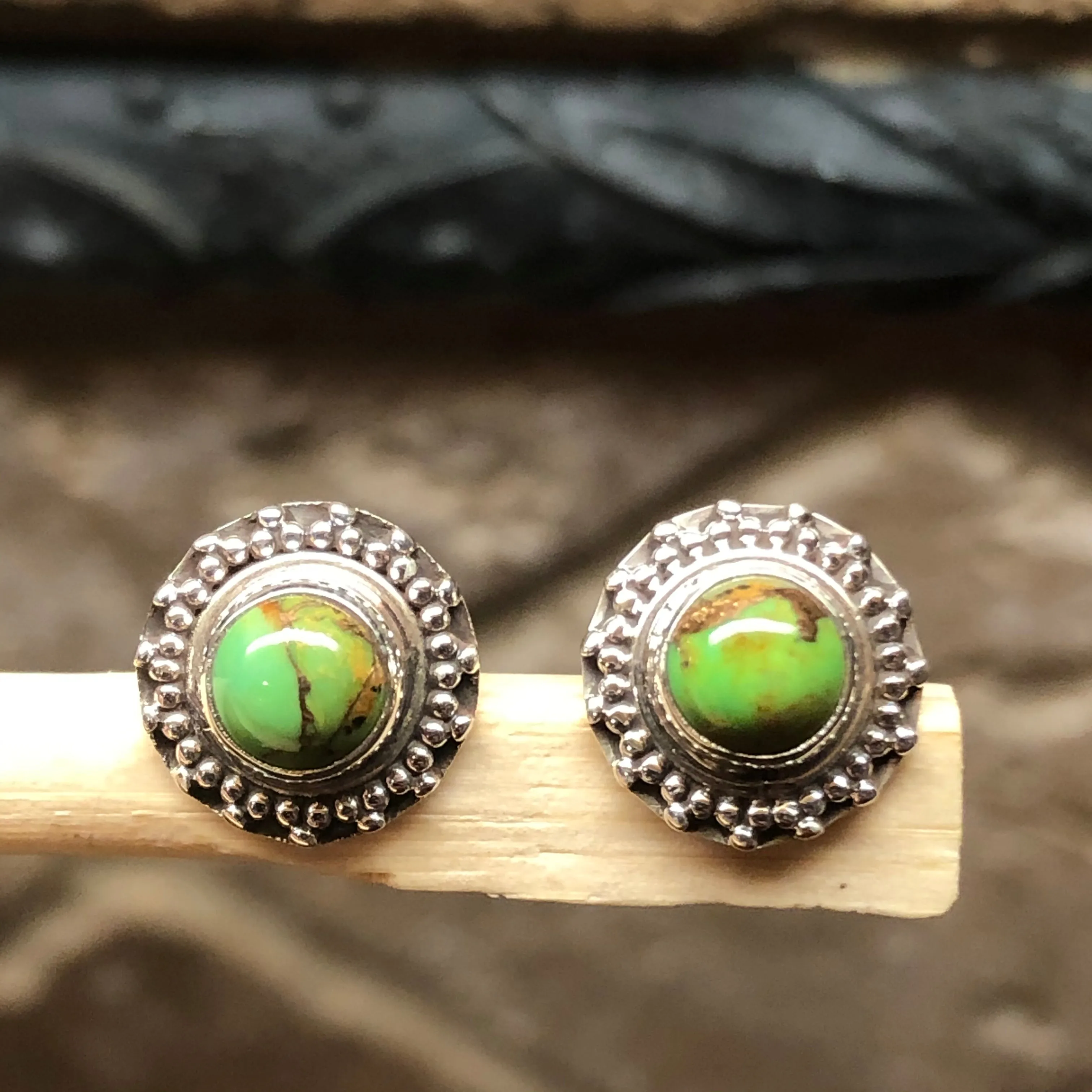Natural Green Copper Turquoise 925 Solid Sterling Silver Earrings 10mm