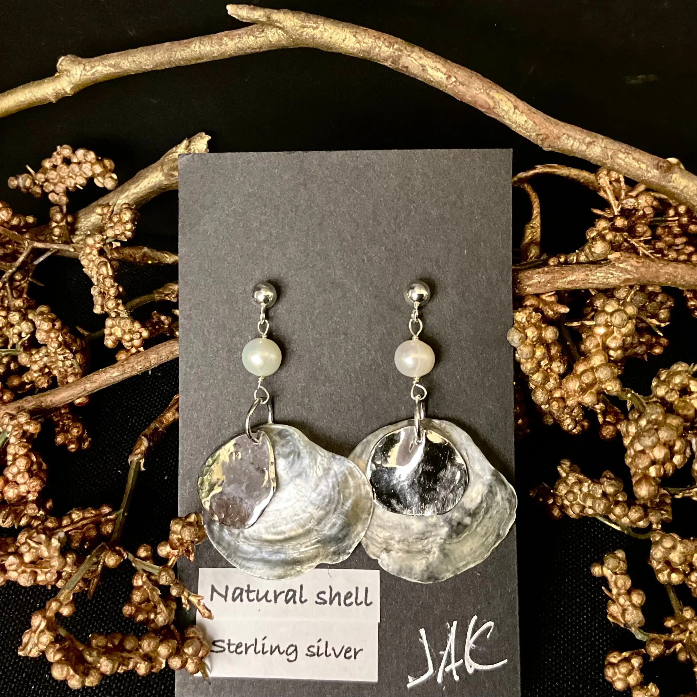 Natural Shell & Silver Earrings with Pearl Bead #276