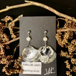 Natural Shell & Silver Earrings with Pearl Bead #276