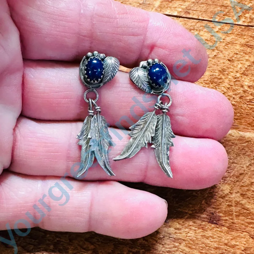 Navajo Sterling Silver & Blue Azurite Pierced Post Feather Earrings