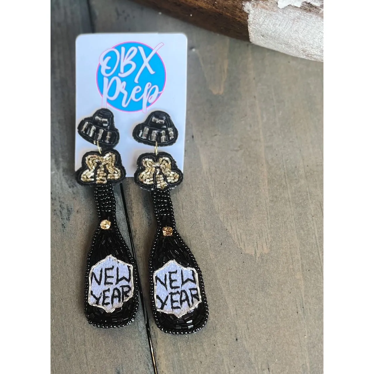 New Year Champagne Bottle Seed Beaded Earrings.
