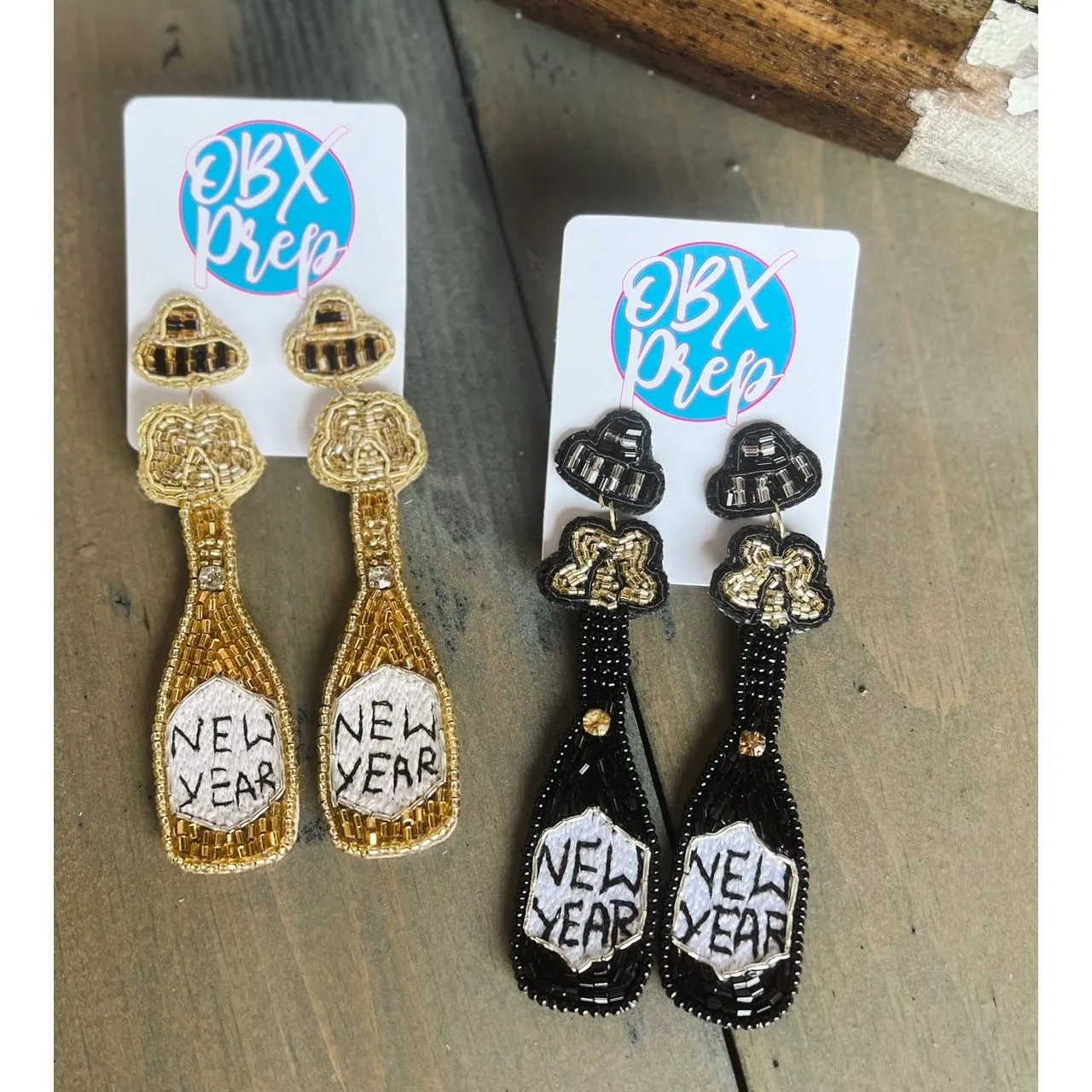 New Year Champagne Bottle Seed Beaded Earrings.