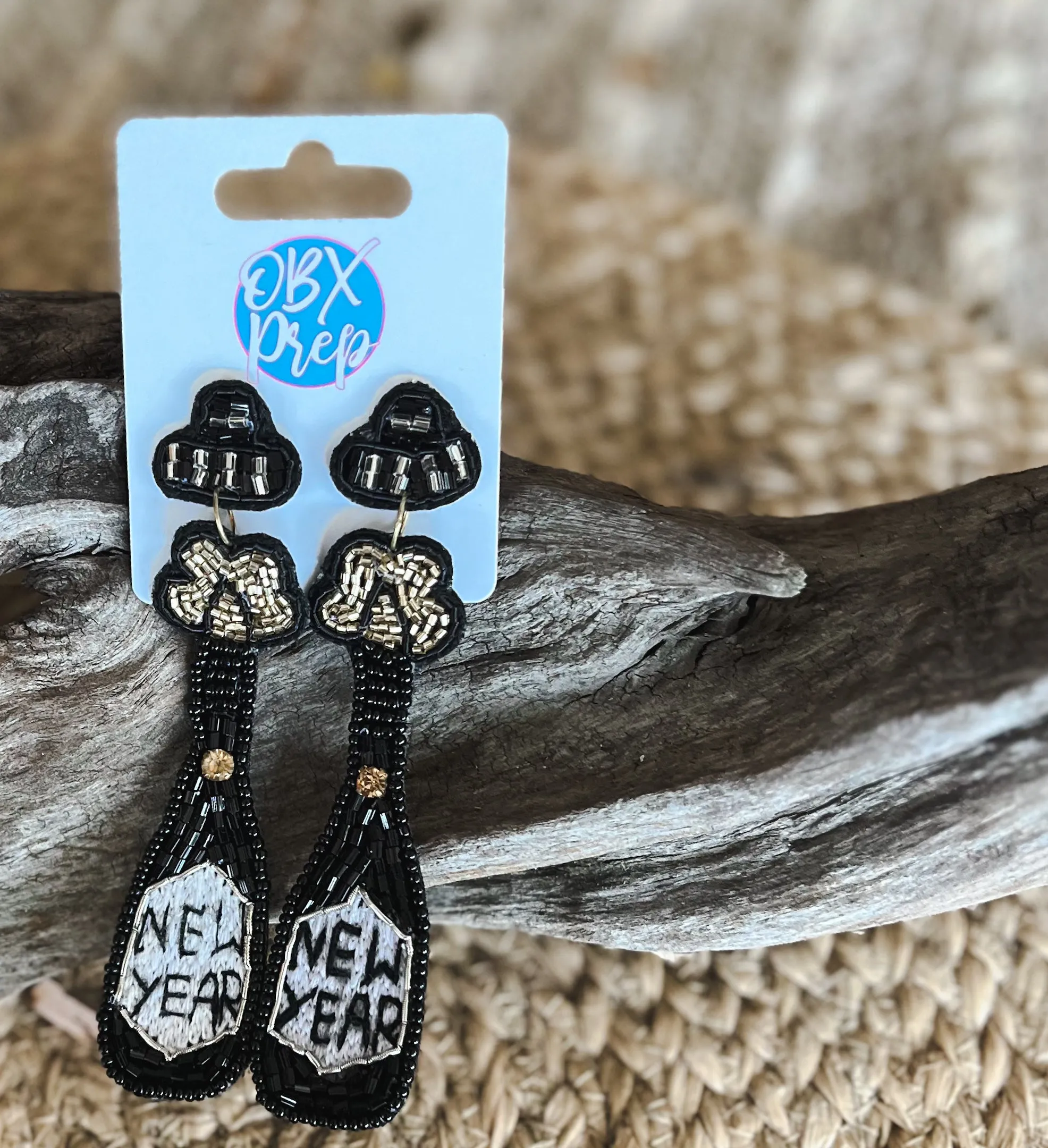 New Year Champagne Bottle Seed Beaded Earrings.