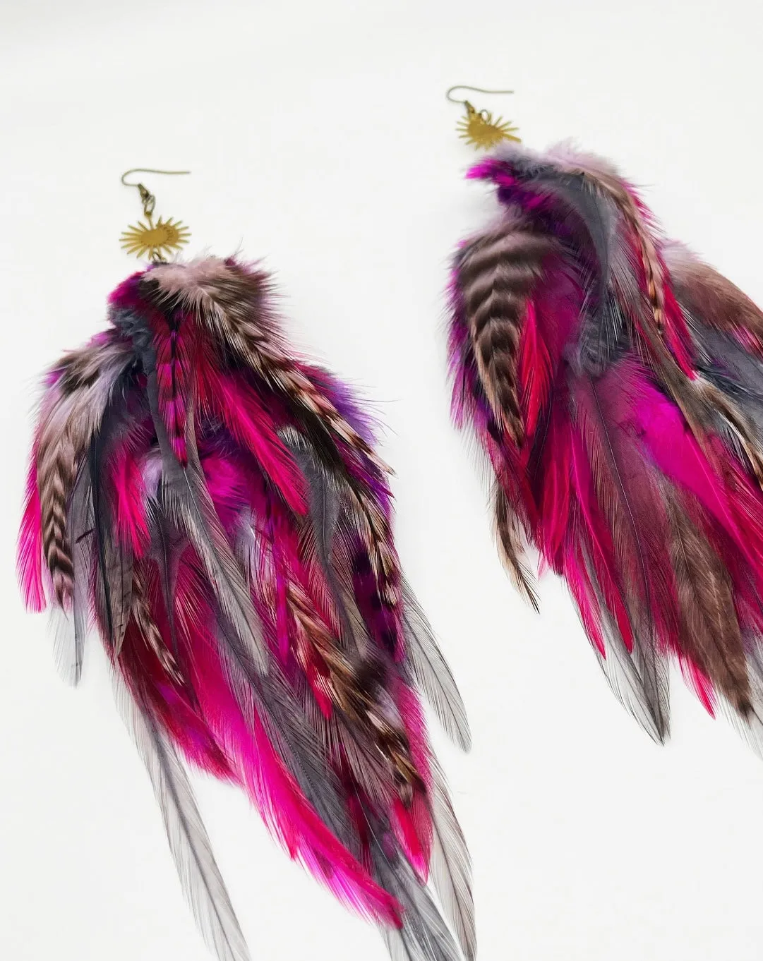 One of a Kind Long Bohemian Feather Earrings - Fuchsia Flare
