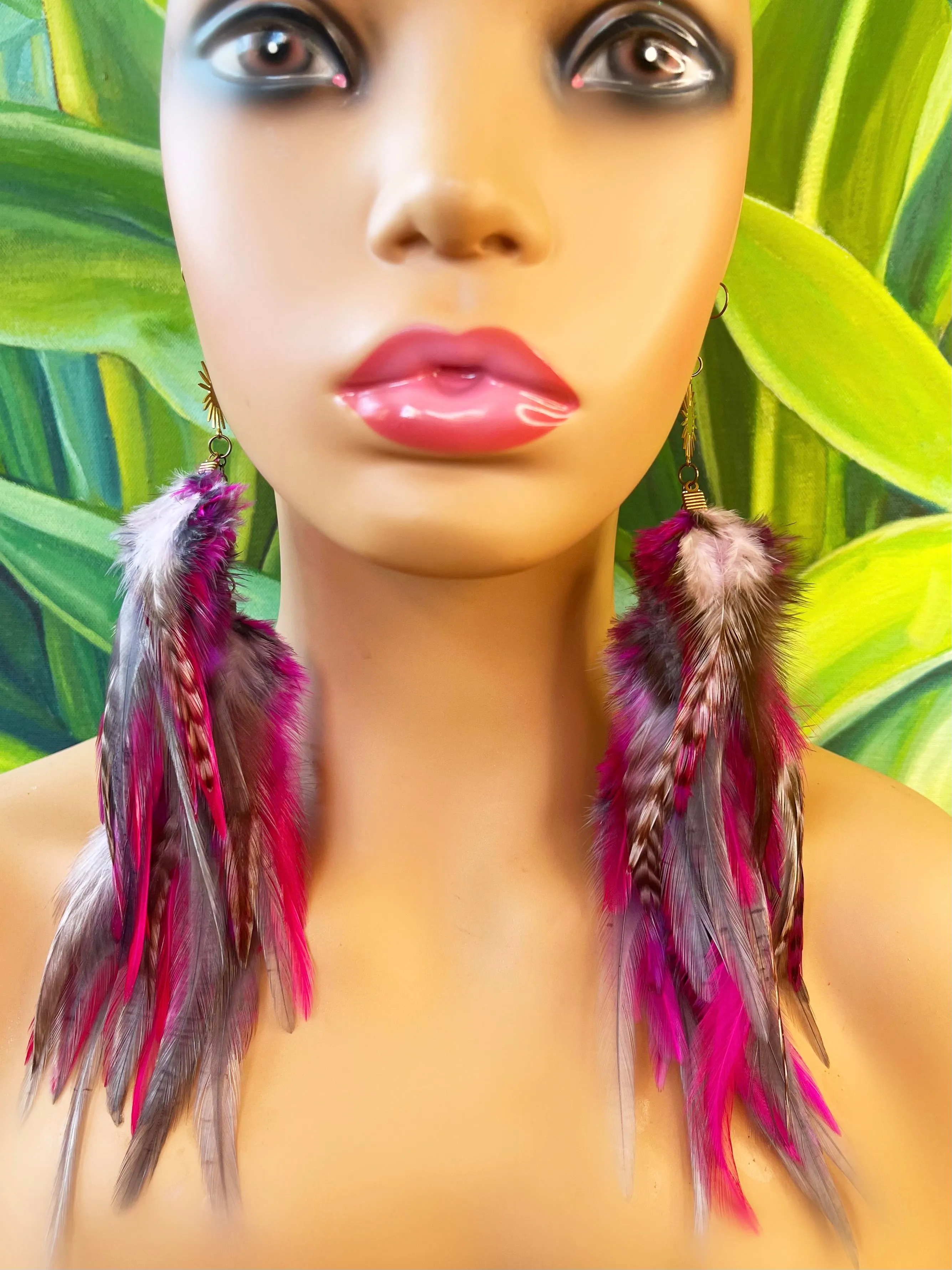 One of a Kind Long Bohemian Feather Earrings - Fuchsia Flare