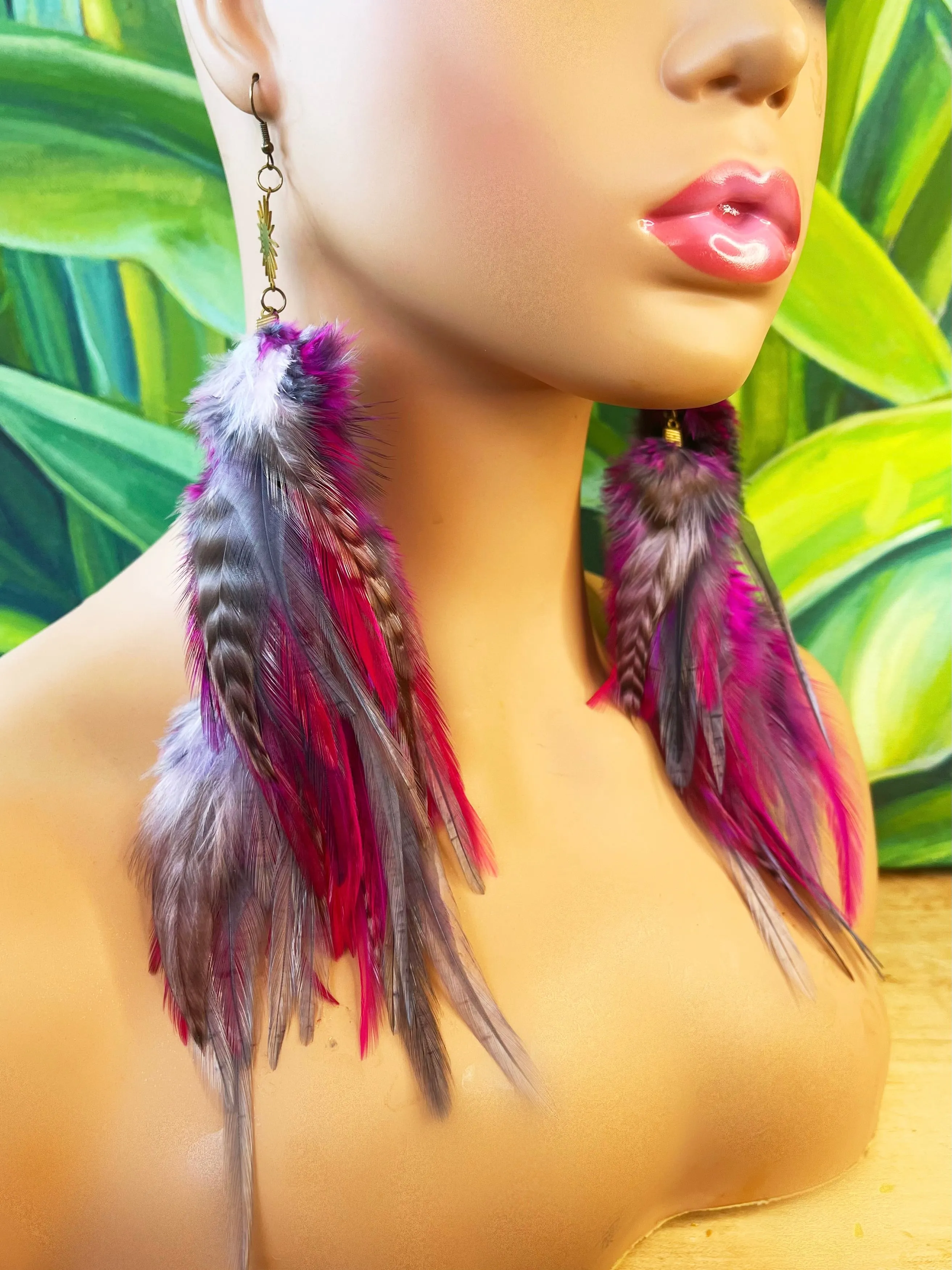 One of a Kind Long Bohemian Feather Earrings - Fuchsia Flare