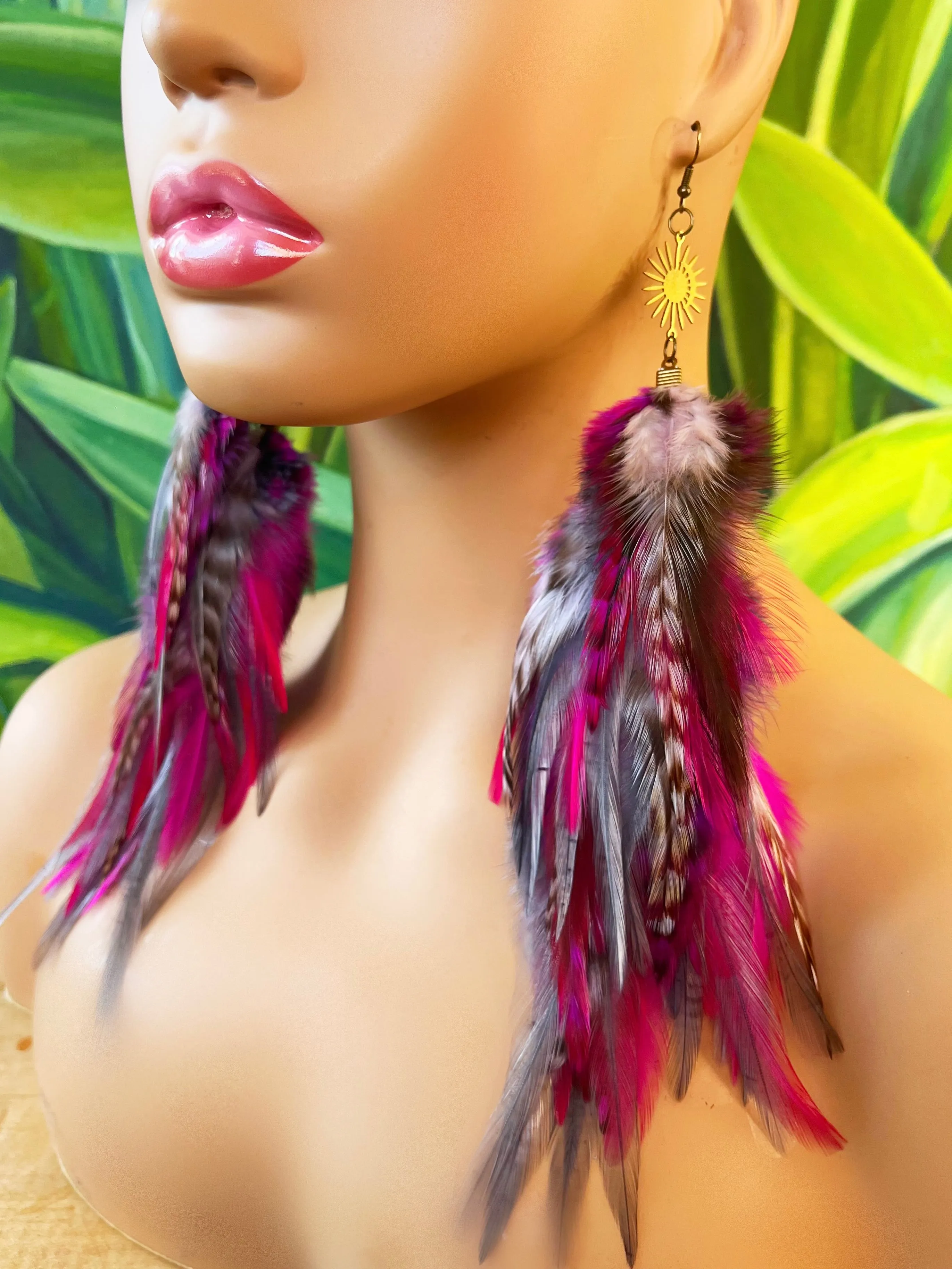 One of a Kind Long Bohemian Feather Earrings - Fuchsia Flare
