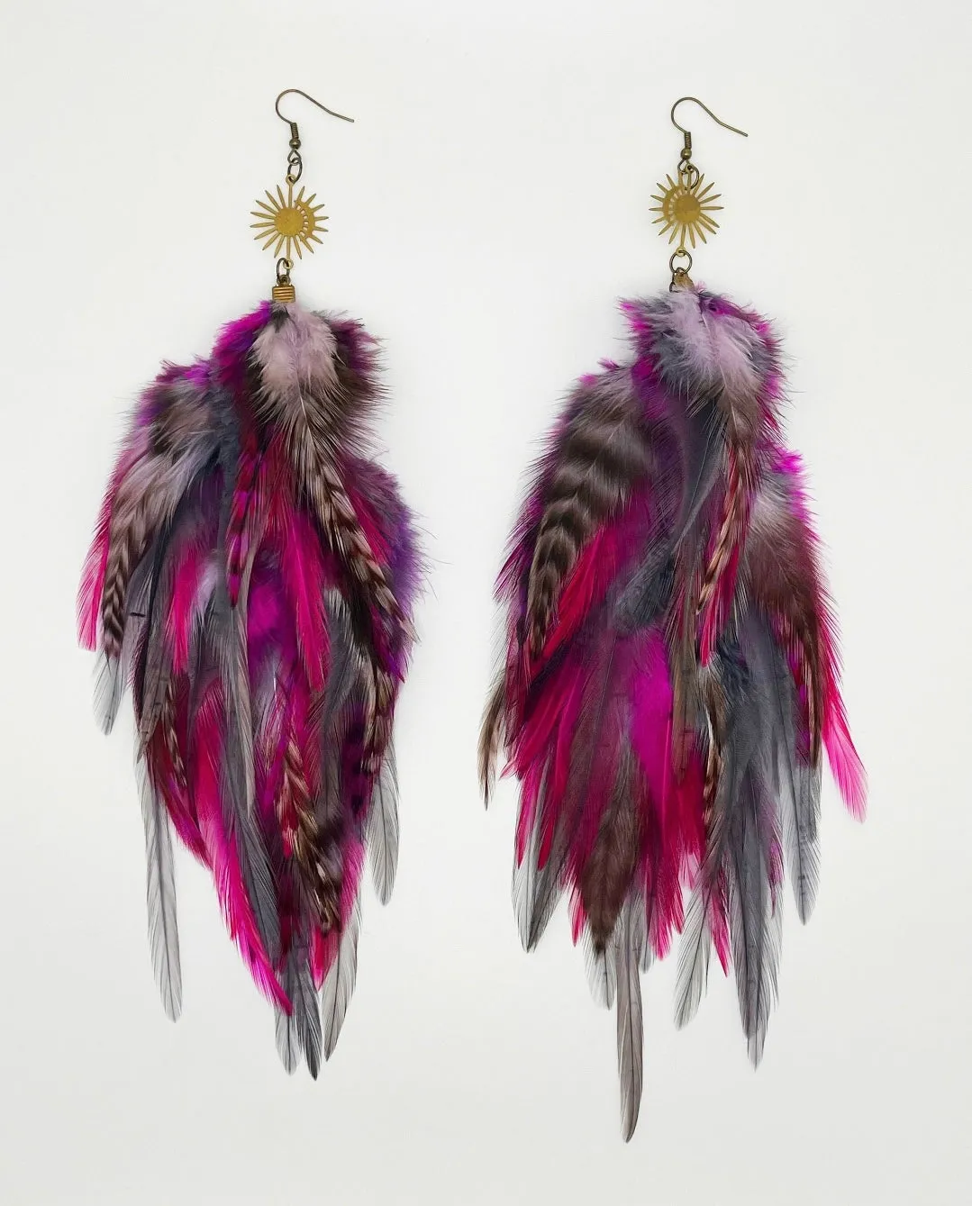 One of a Kind Long Bohemian Feather Earrings - Fuchsia Flare