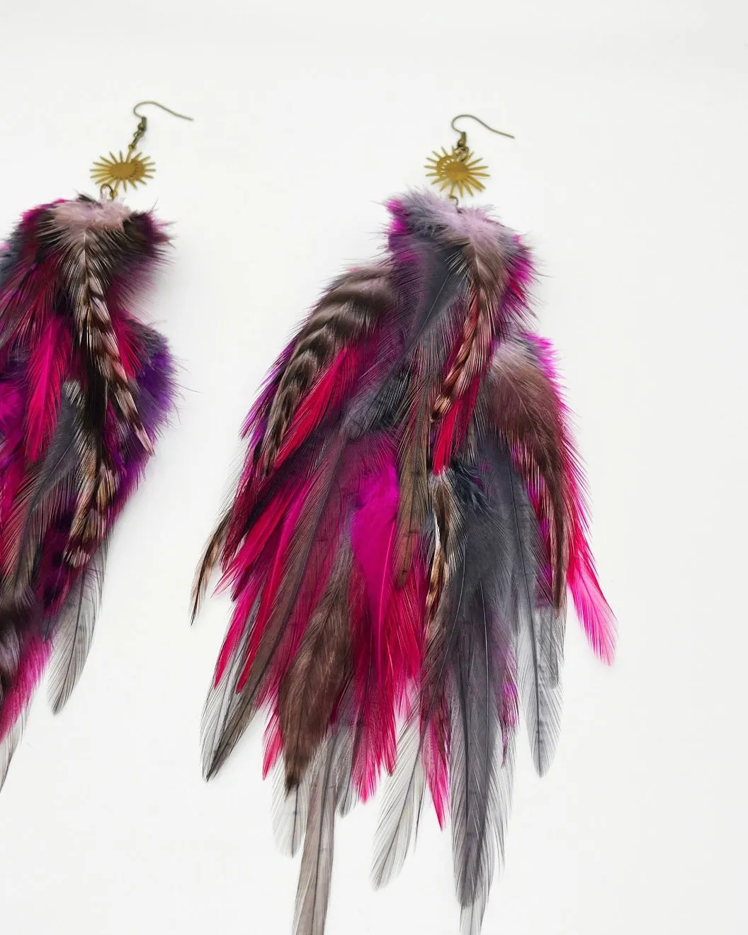 One of a Kind Long Bohemian Feather Earrings - Fuchsia Flare