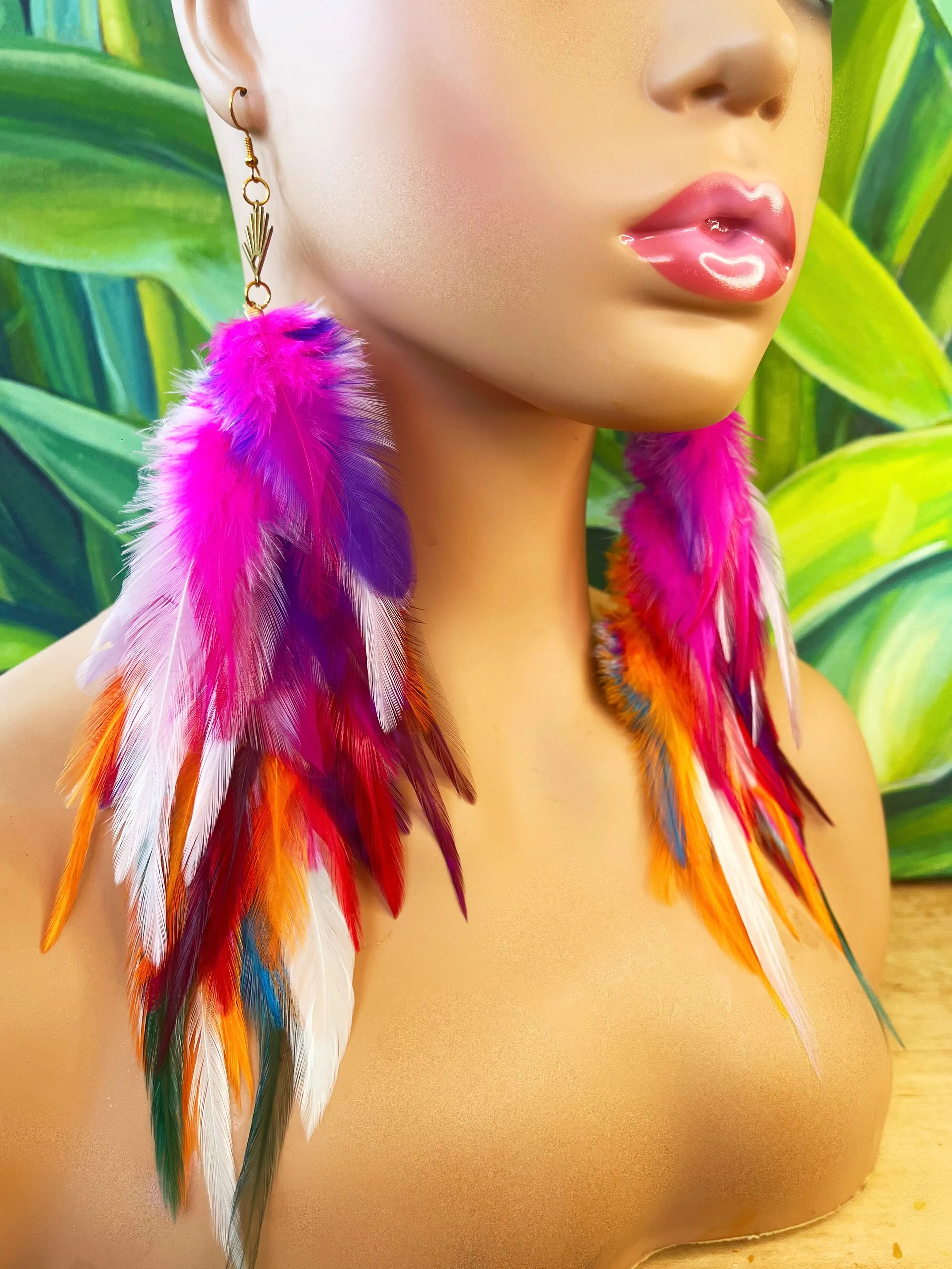 One of A Kind Long Bohemian Feather Earrings - Neon Carnival