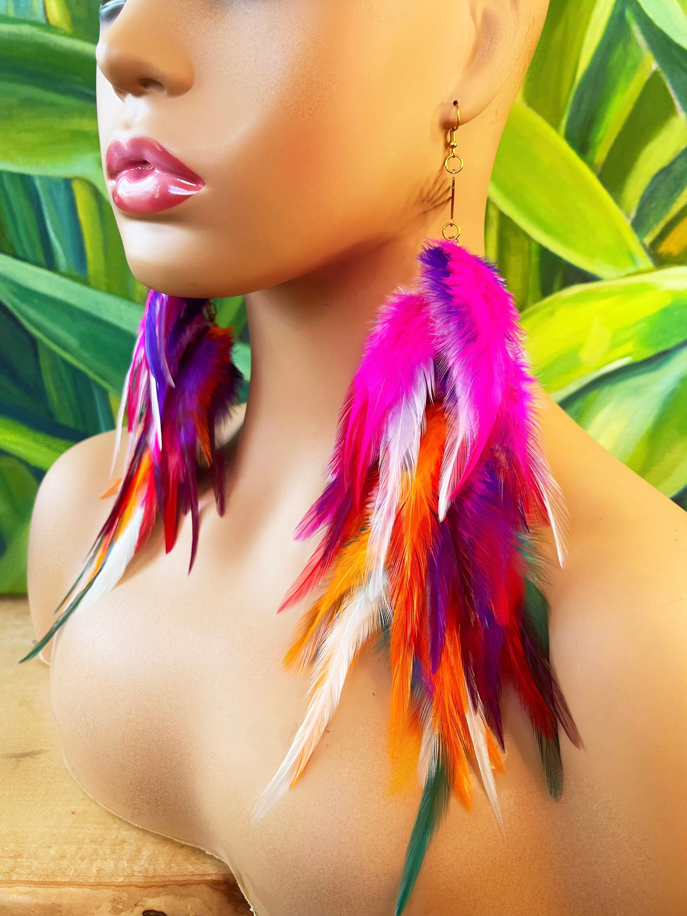 One of A Kind Long Bohemian Feather Earrings - Neon Carnival